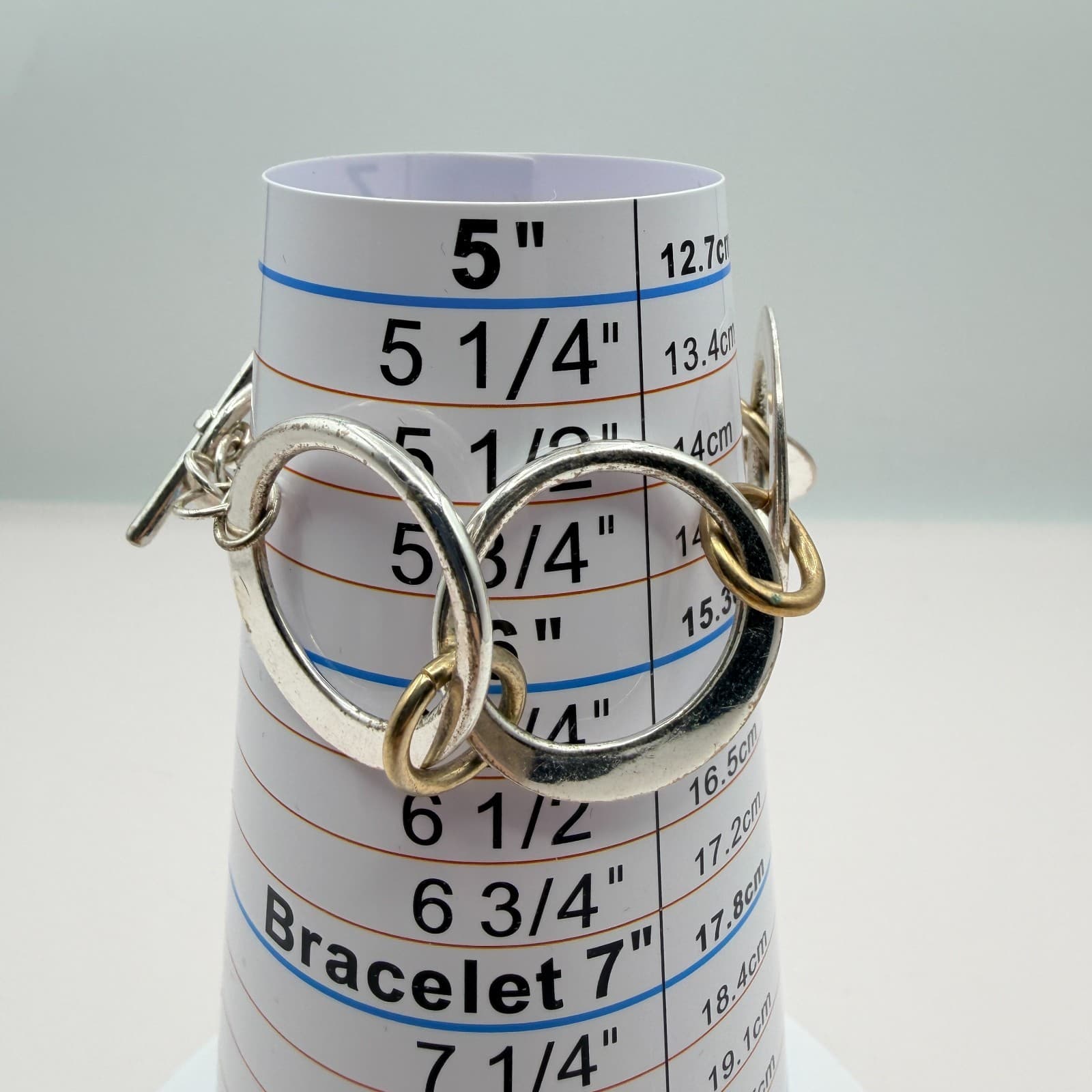 Vintage 80s Silver Tone Chunky Circle Link Bracelet Toggle Clasp Classic Jewelry - Thumbnail 8