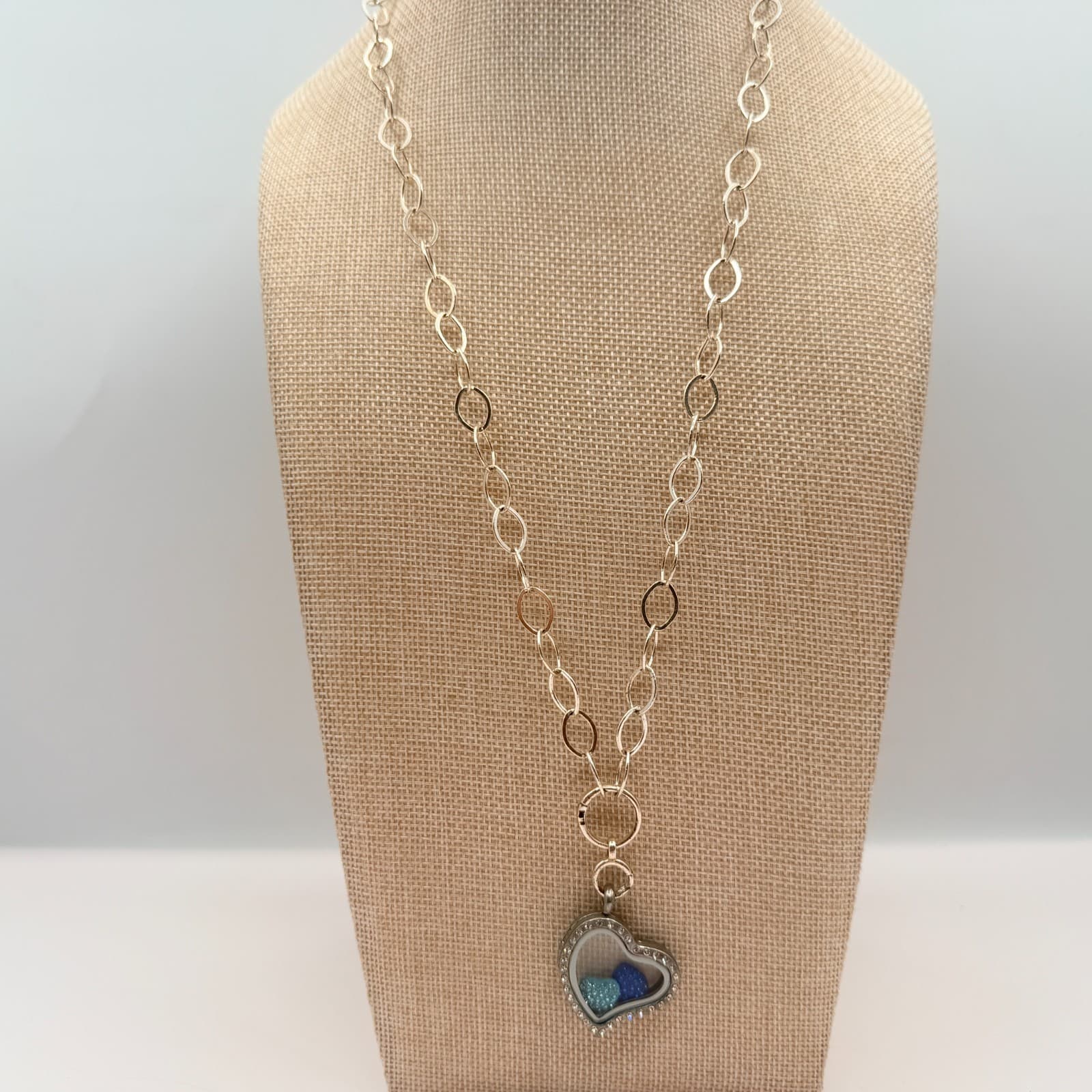 Vintage 90s Floating Heart Locket Necklace Silver Tone Blue Glass Charm Jewelry - Thumbnail 6