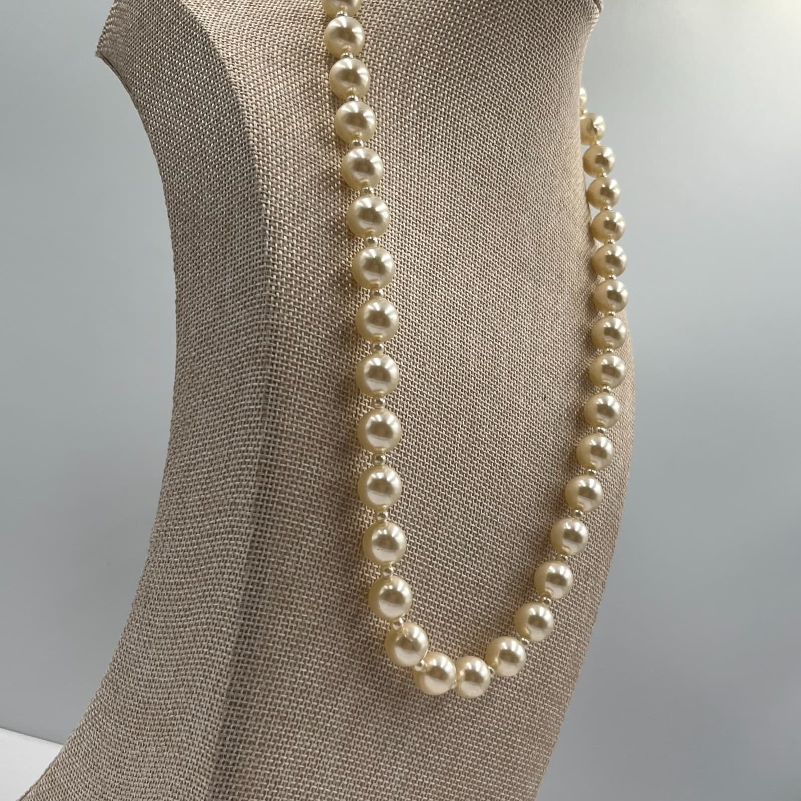 Vintage Faux Pearl Necklace Triple Strand Ornate Silver Tone Clasp Bridal 16" - Thumbnail 5