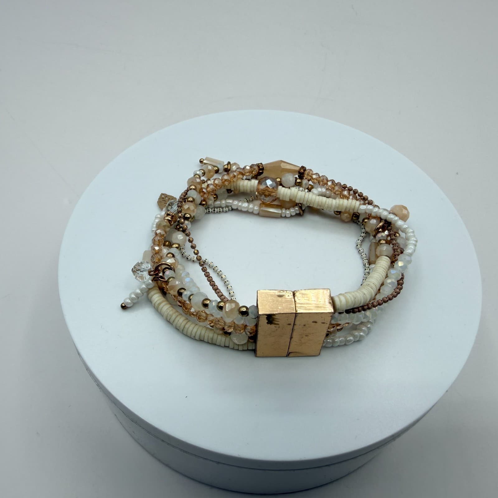 Vintage 80s Quartz & Mixed Beaded Stranded Bracelet Gold Magnetic Clasp Jewelry - Thumbnail 2