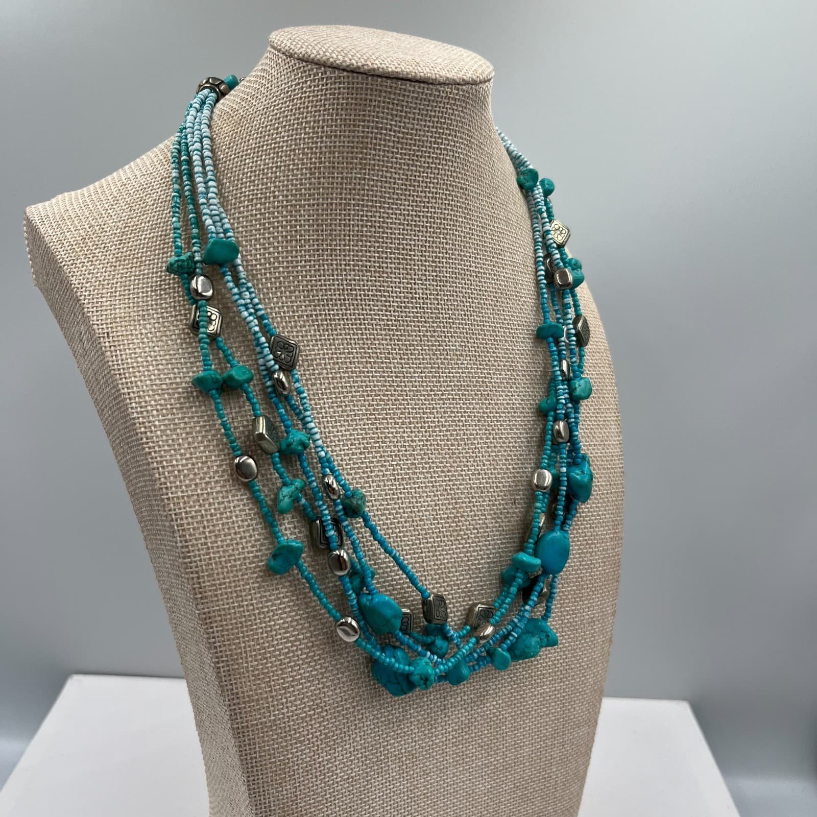 Vintage Turquoise Nugget Multi Strand Necklace Silver Tone Flower Beads Boho - Thumbnail 4