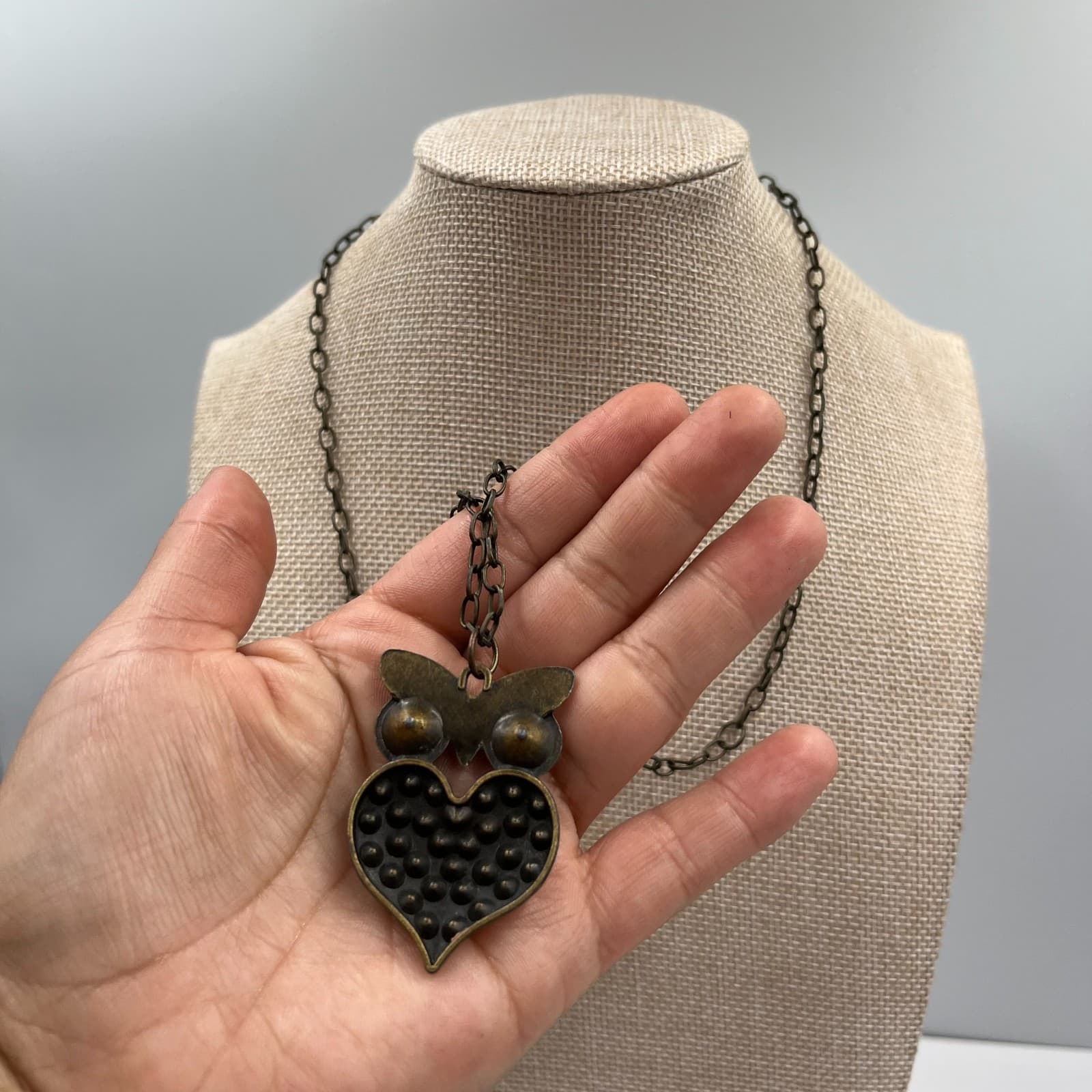 Vintage Owl Heart Pendant Necklace Amber Yellow Rhinestone Brass Tone Retro Boho - Thumbnail 4