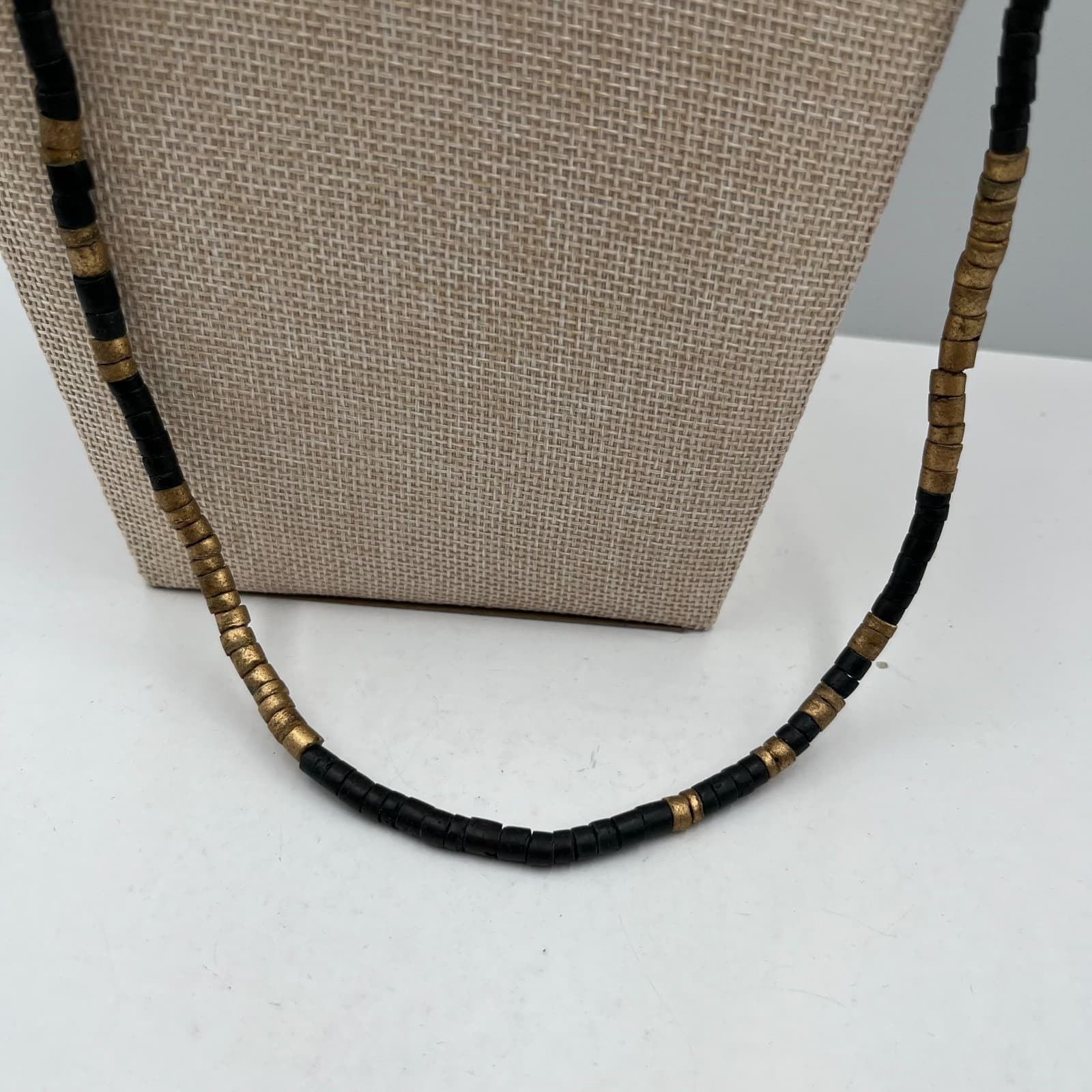 Vintage African Style Brass Black Glass Bead Necklace Ethnic Tribal Boho Jewelry - Thumbnail 3