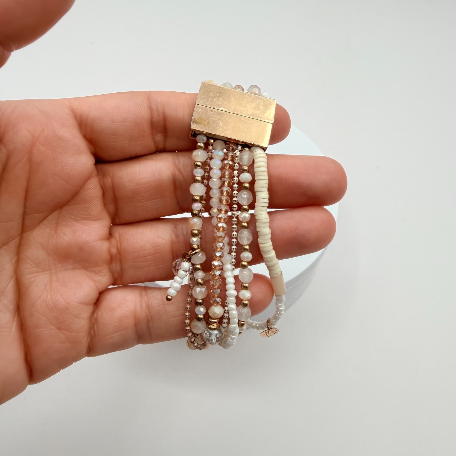 Vintage 80s Quartz & Mixed Beaded Stranded Bracelet Gold Magnetic Clasp Jewelry - Thumbnail 9