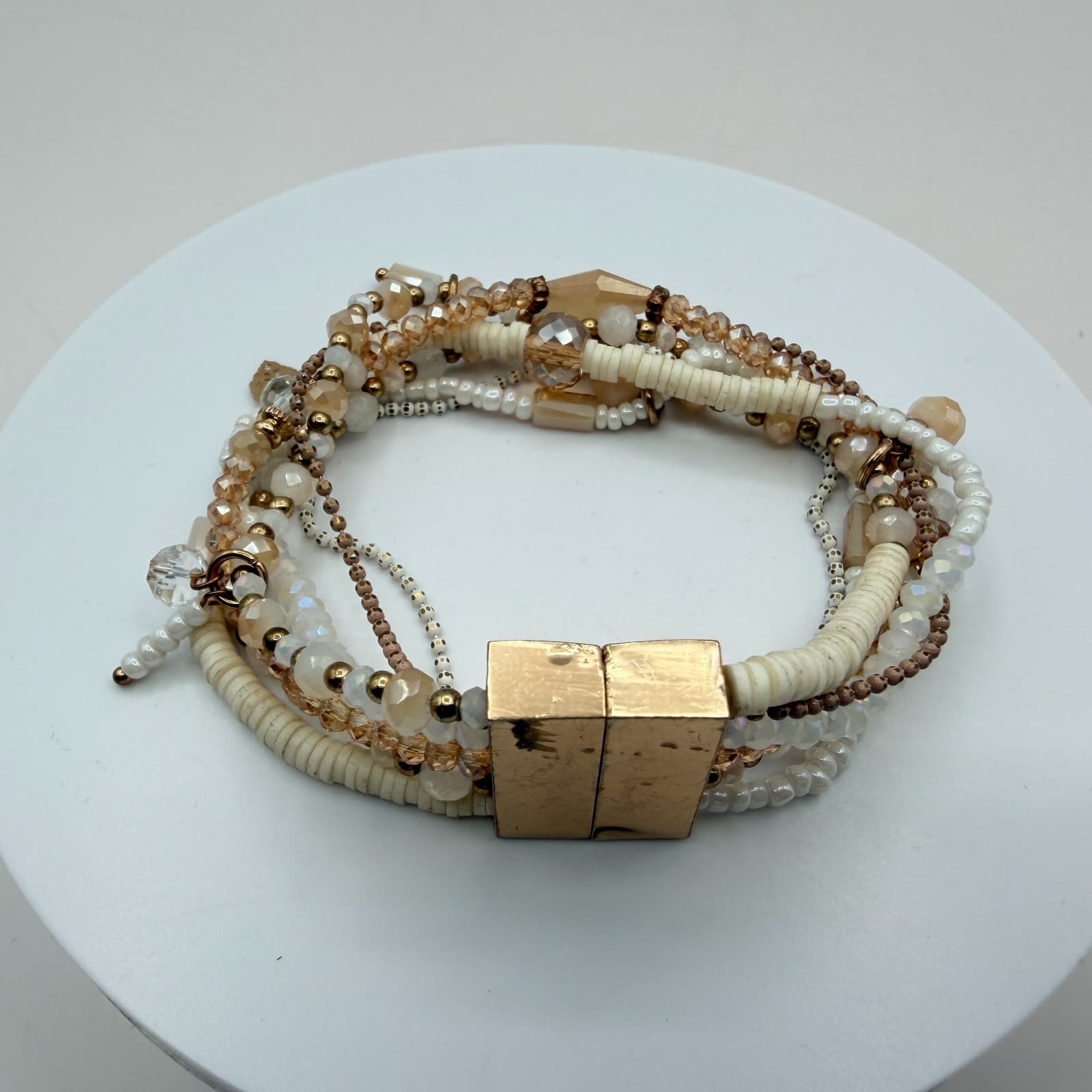 Vintage 80s Quartz & Mixed Beaded Stranded Bracelet Gold Magnetic Clasp Jewelry - Thumbnail 7