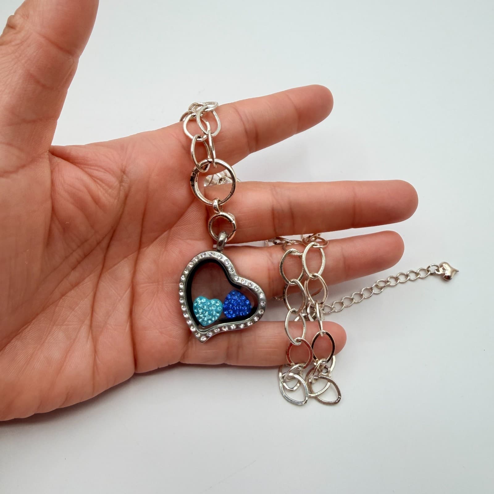 Vintage 90s Floating Heart Locket Necklace Silver Tone Blue Glass Charm Jewelry - Thumbnail 10