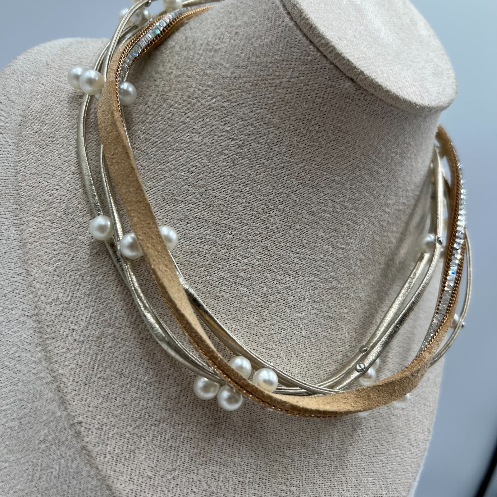 Vintage Multi-Strand Pearl Crystal Choker Necklace Magnetic Clasp Statement Boho - Thumbnail 3