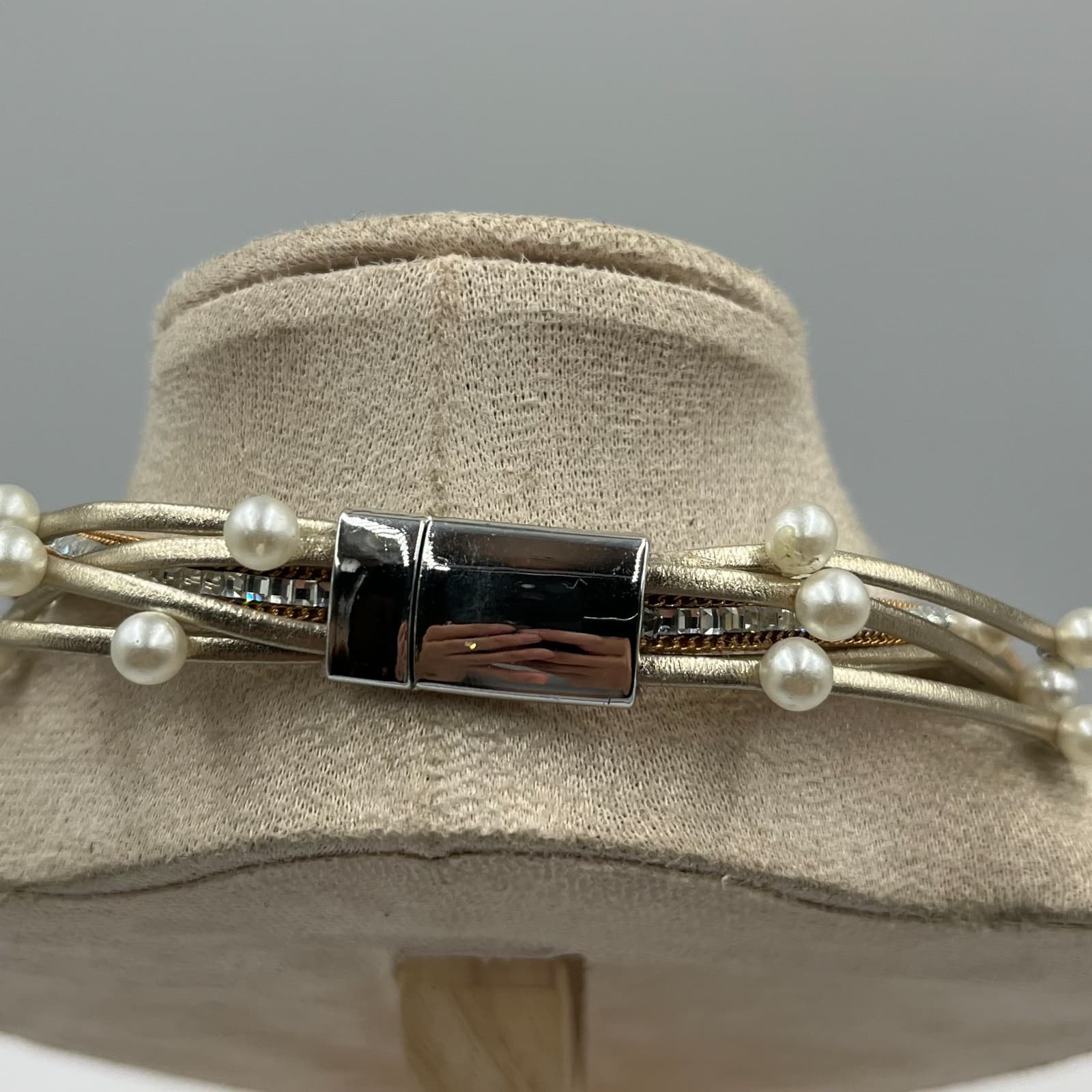 Vintage Multi-Strand Pearl Crystal Choker Necklace Magnetic Clasp Statement Boho - Thumbnail 6