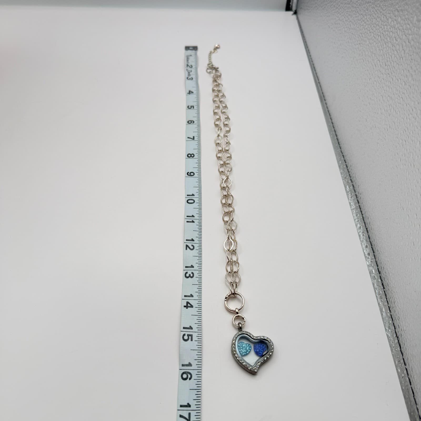 Vintage 90s Floating Heart Locket Necklace Silver Tone Blue Glass Charm Jewelry - Thumbnail 11