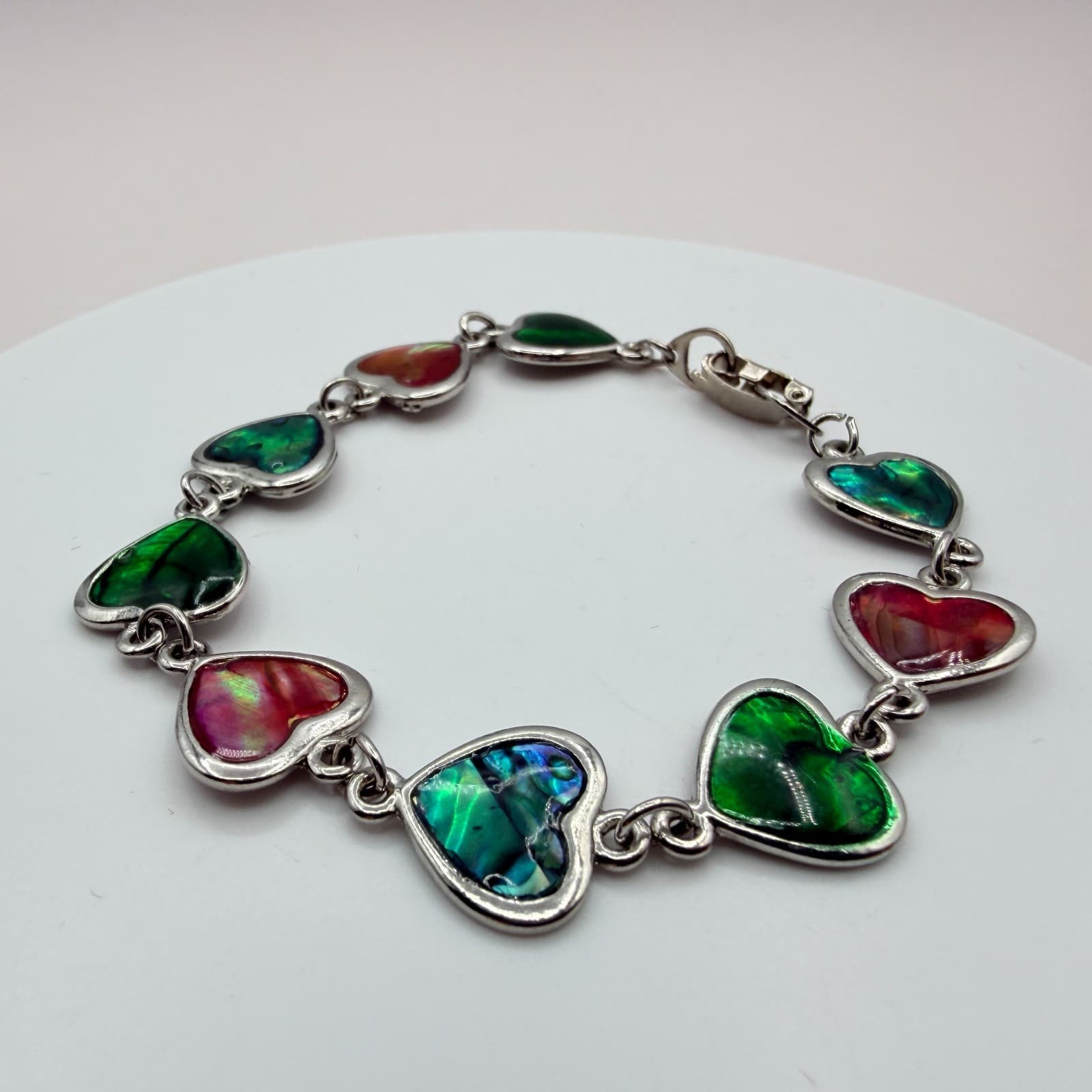 Vintage 90s Silver Tone Multi Color Faux Paua Shell Heart Link Bracelet Jewelry - Thumbnail 3