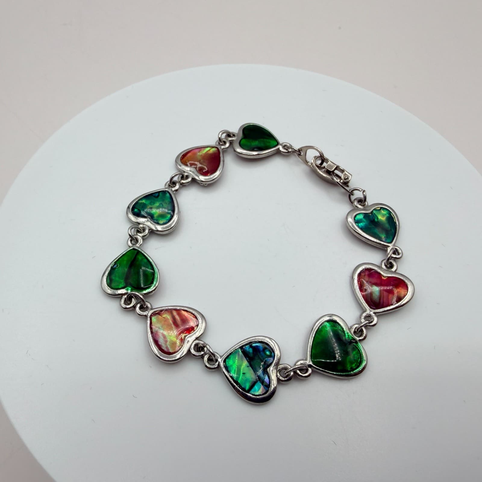 Vintage 90s Silver Tone Multi Color Faux Paua Shell Heart Link Bracelet Jewelry - Thumbnail 2