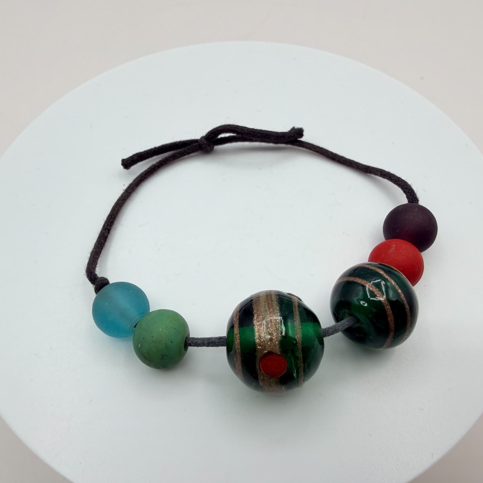 Vintage 80s Lampwork Glass Bead Cord Bracelet Multicolor Striped Classic Jewelry - Thumbnail 3