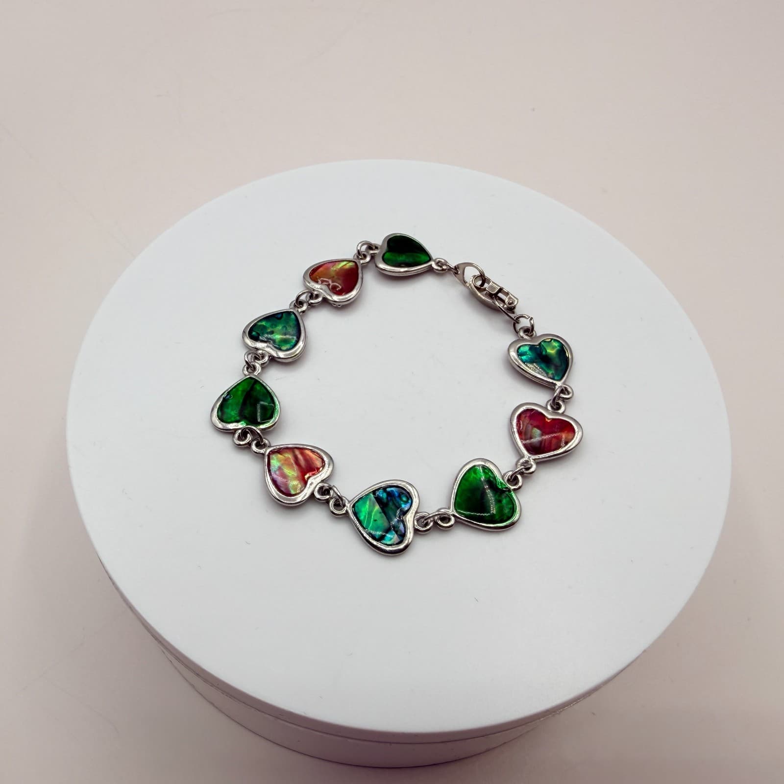 Vintage 90s Silver Tone Multi Color Faux Paua Shell Heart Link Bracelet Jewelry - Thumbnail 8