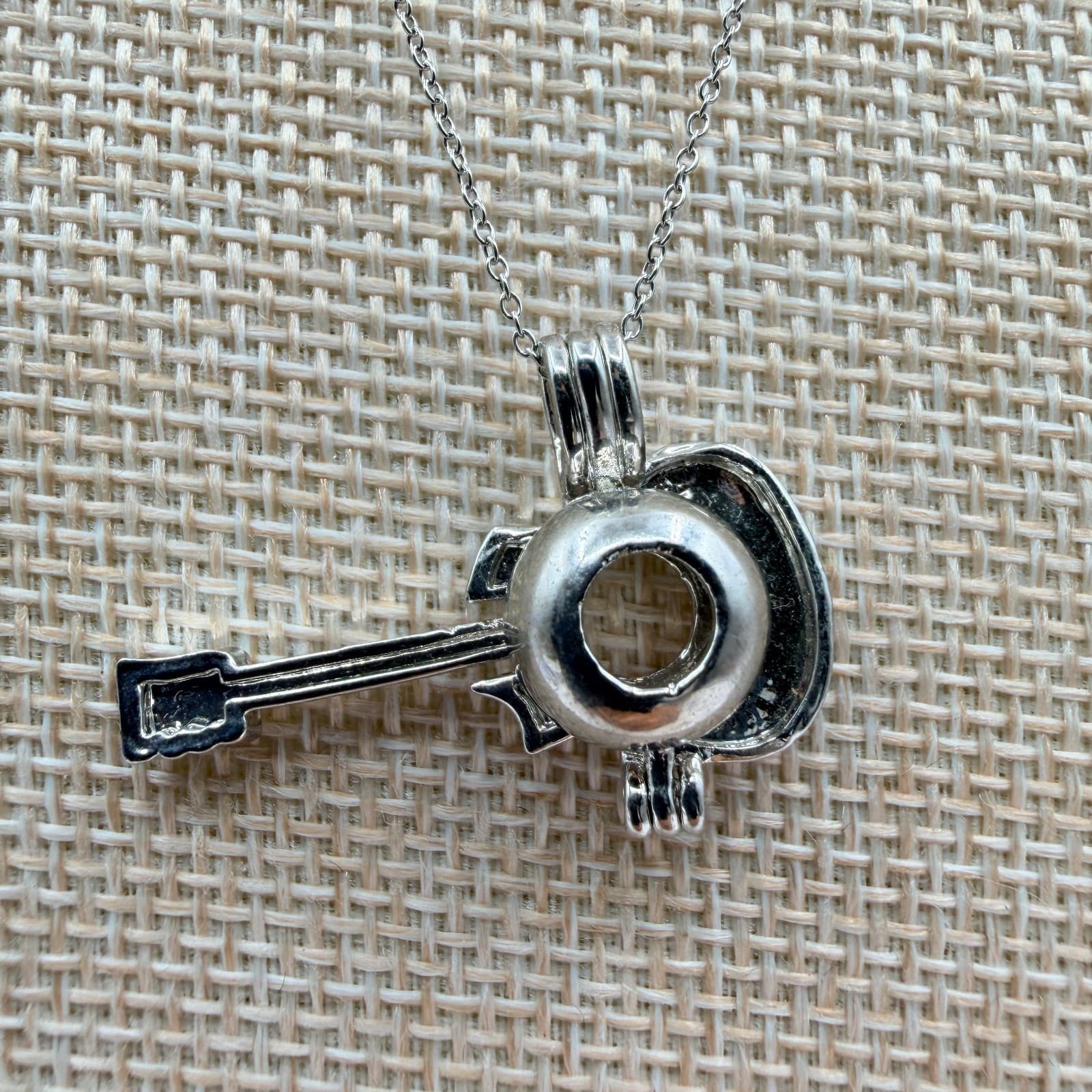 Vintage Y2K Silver Tone Guitar Locket Pendant Necklace Women's Classic Jewelry - Image 1