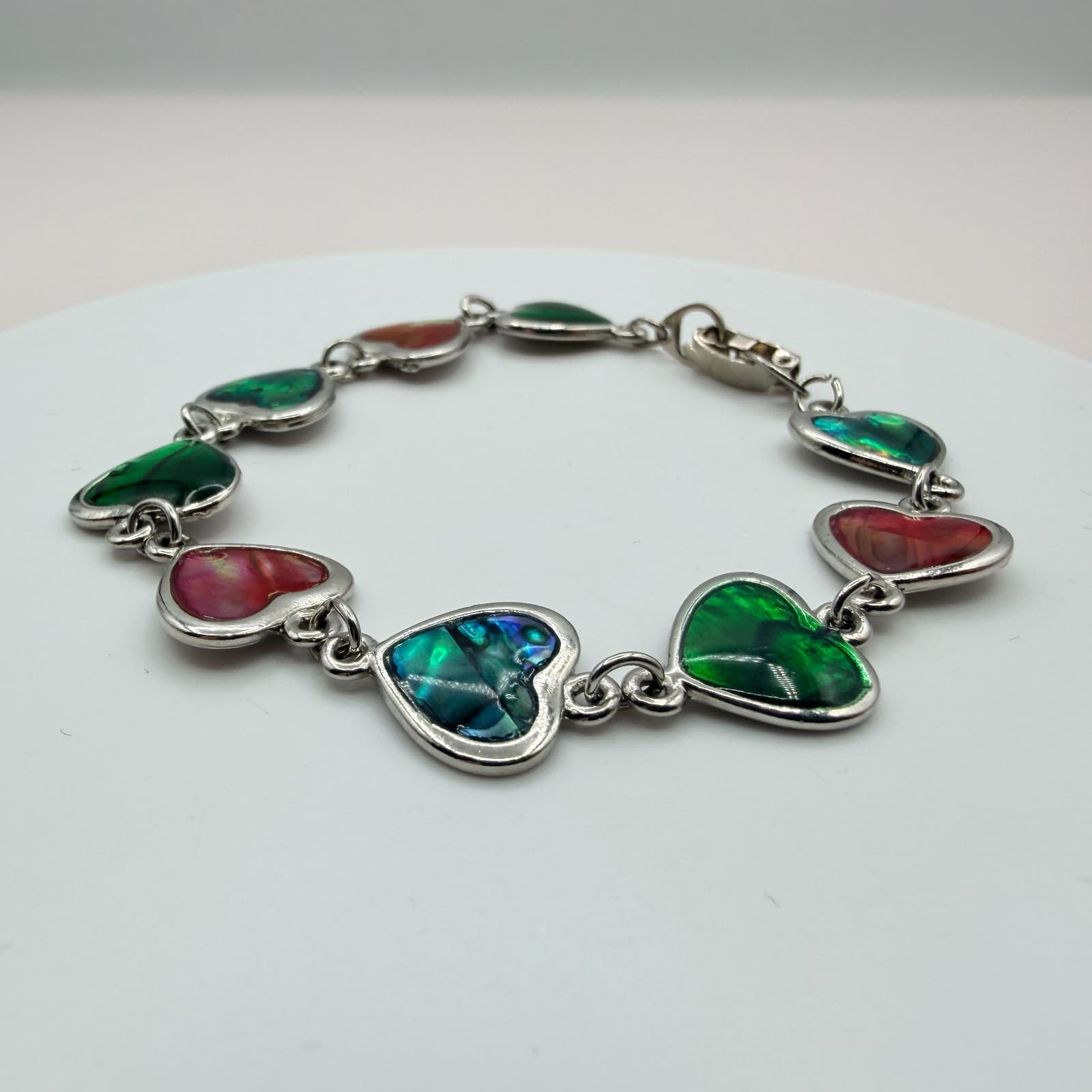 Vintage 90s Silver Tone Multi Color Faux Paua Shell Heart Link Bracelet Jewelry - Thumbnail 4