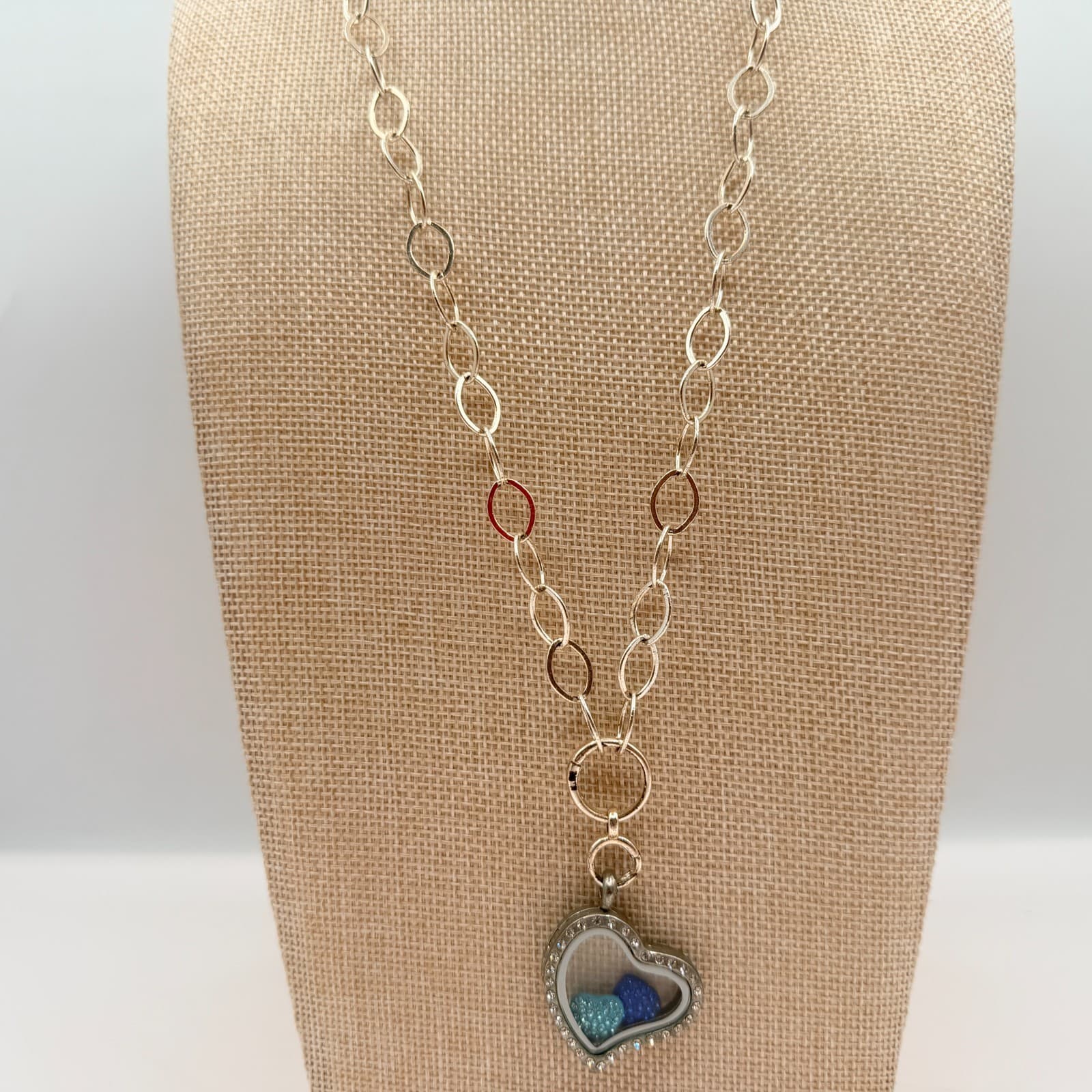 Vintage 90s Floating Heart Locket Necklace Silver Tone Blue Glass Charm Jewelry - Thumbnail 5