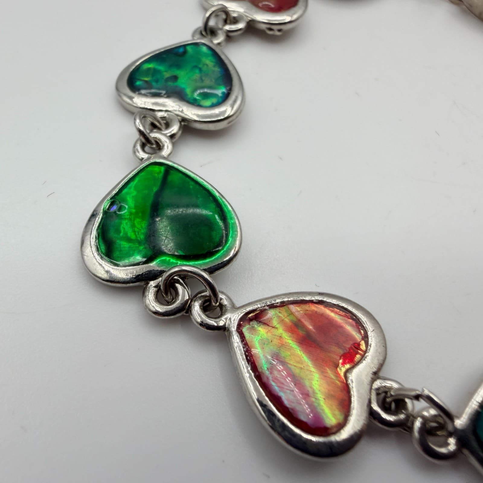 Vintage 90s Silver Tone Multi Color Faux Paua Shell Heart Link Bracelet Jewelry - Thumbnail 6