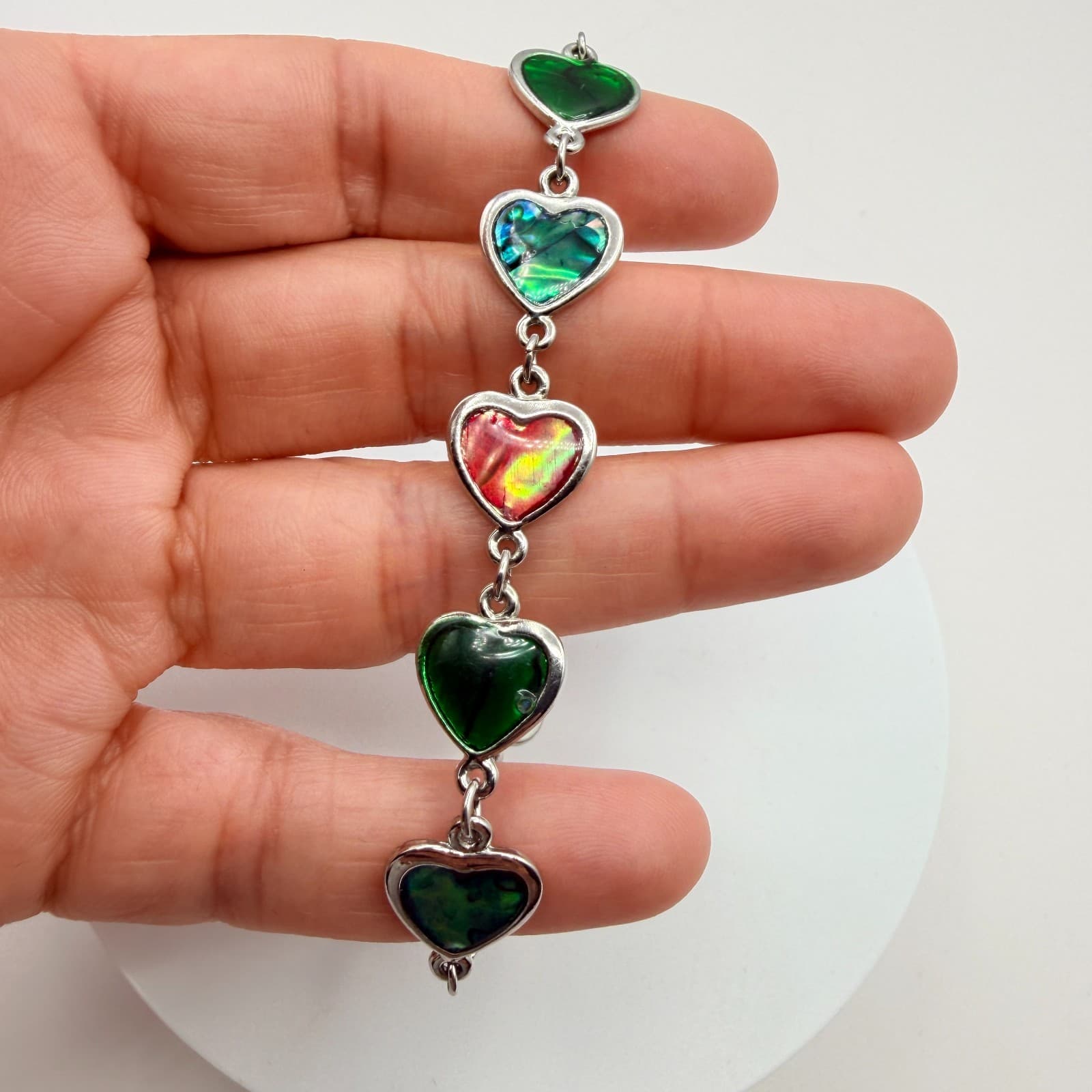 Vintage 90s Silver Tone Multi Color Faux Paua Shell Heart Link Bracelet Jewelry - Thumbnail 9