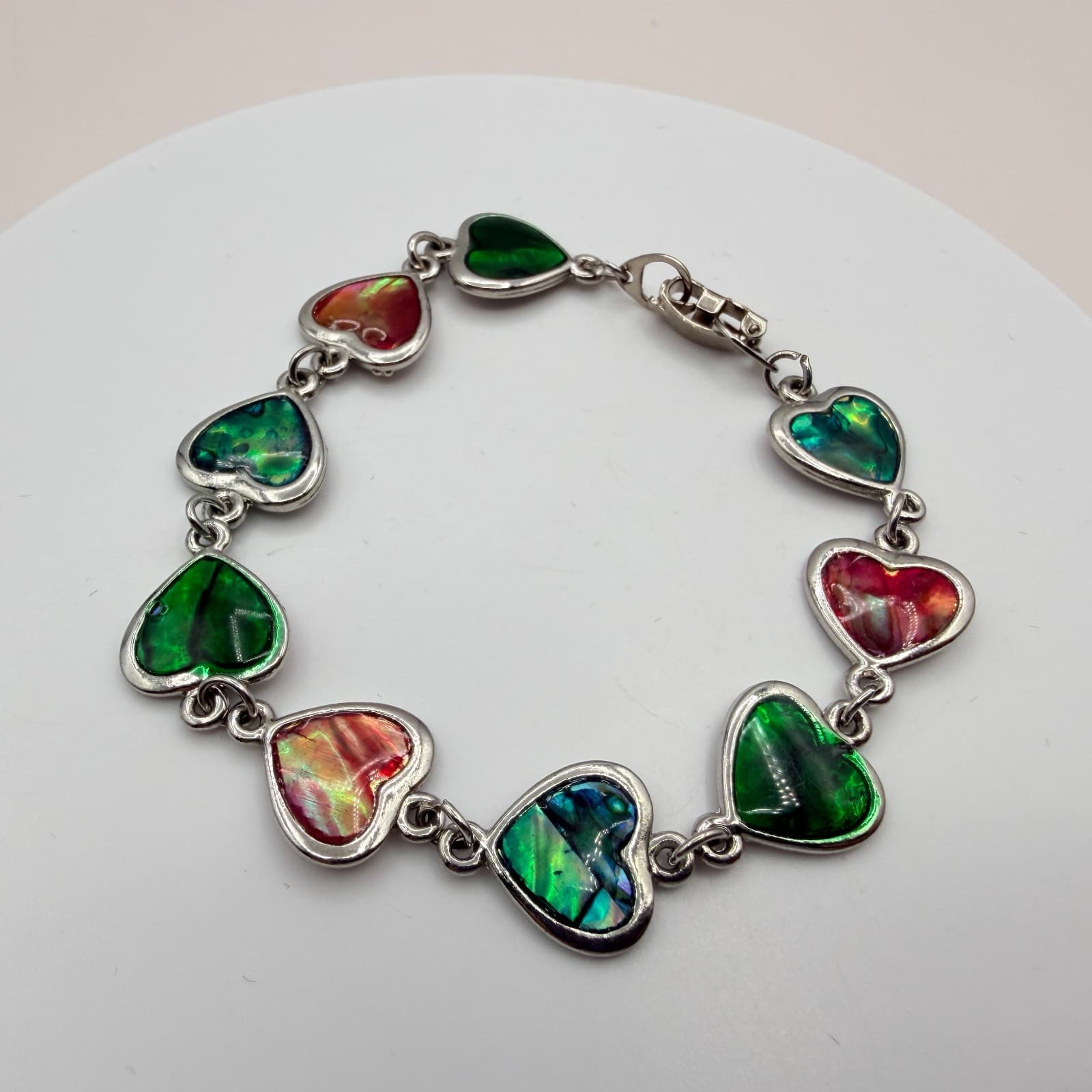 Vintage 90s Silver Tone Multi Color Faux Paua Shell Heart Link Bracelet Jewelry - Thumbnail 7