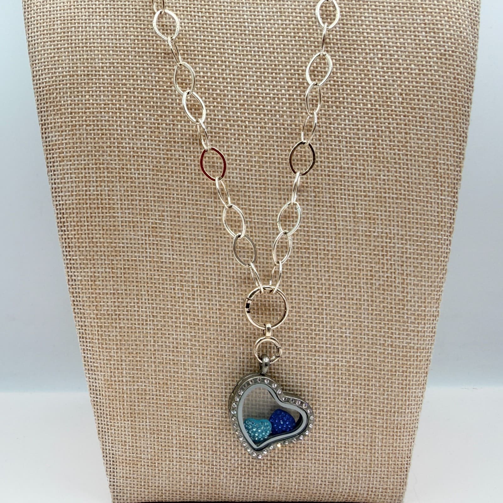 Vintage 90s Floating Heart Locket Necklace Silver Tone Blue Glass Charm Jewelry - Thumbnail 2