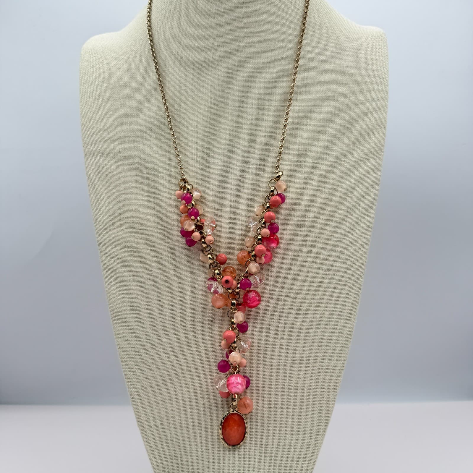 Vintage 90s Gold Tone Beaded Statement Y Necklace Women's Classic Jewelry - Thumbnail 9