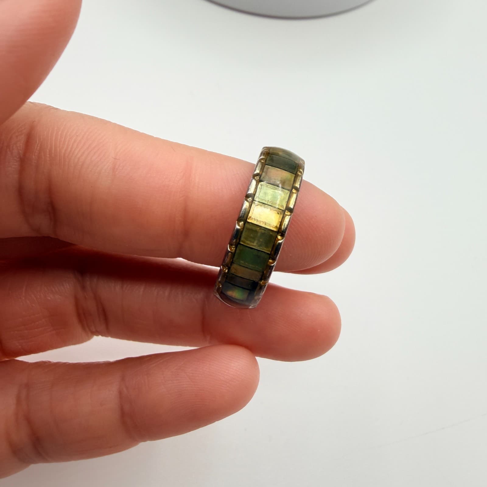 Vintage Y2K Gold Tone Green Turquoise Mosaic Inlay Ring Band Women Retro Jewelry - Thumbnail 7