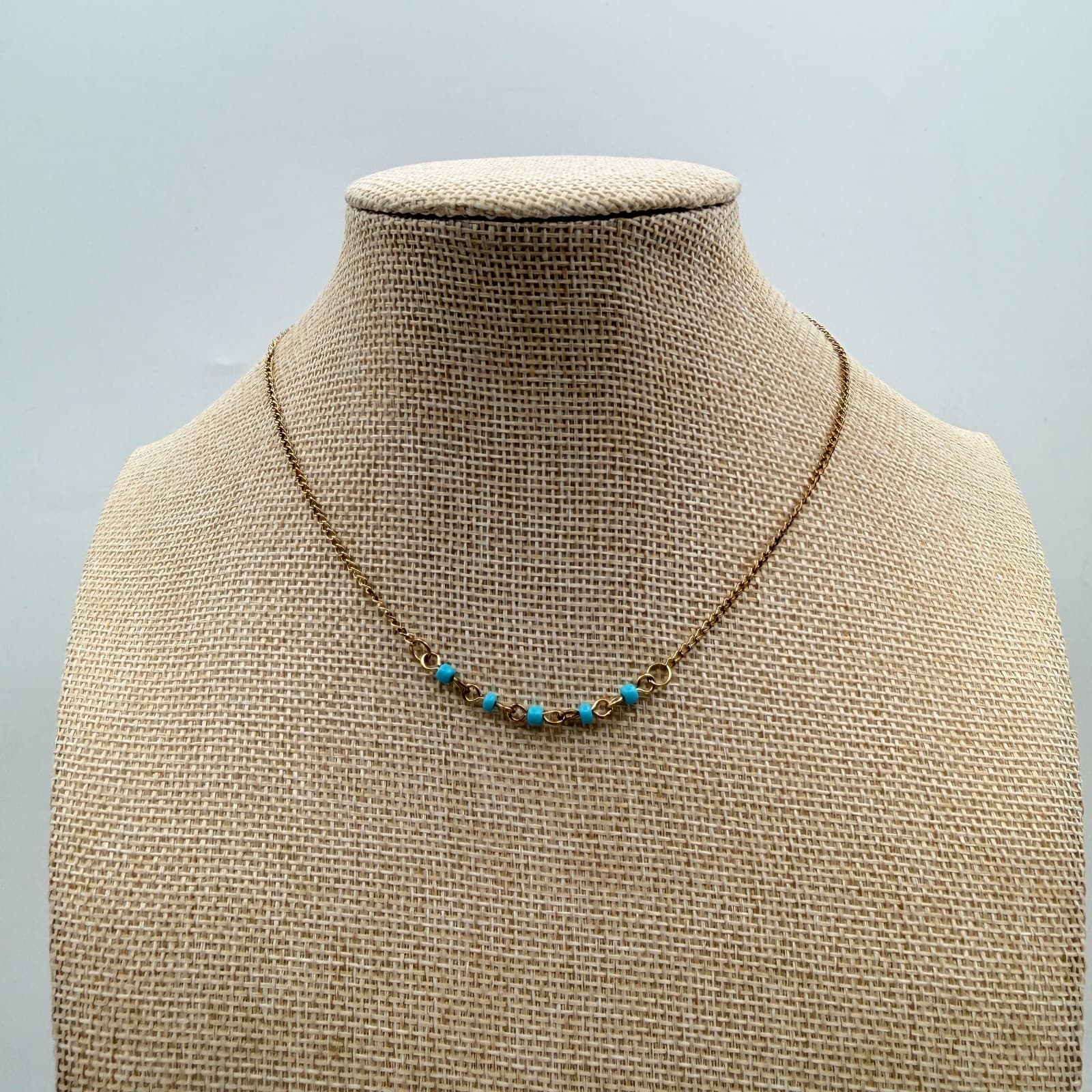 Vintage 90s Gold Tone Necklace Turquoise Blue Glass Bead Minimalist Boho Jewelry - Thumbnail 7