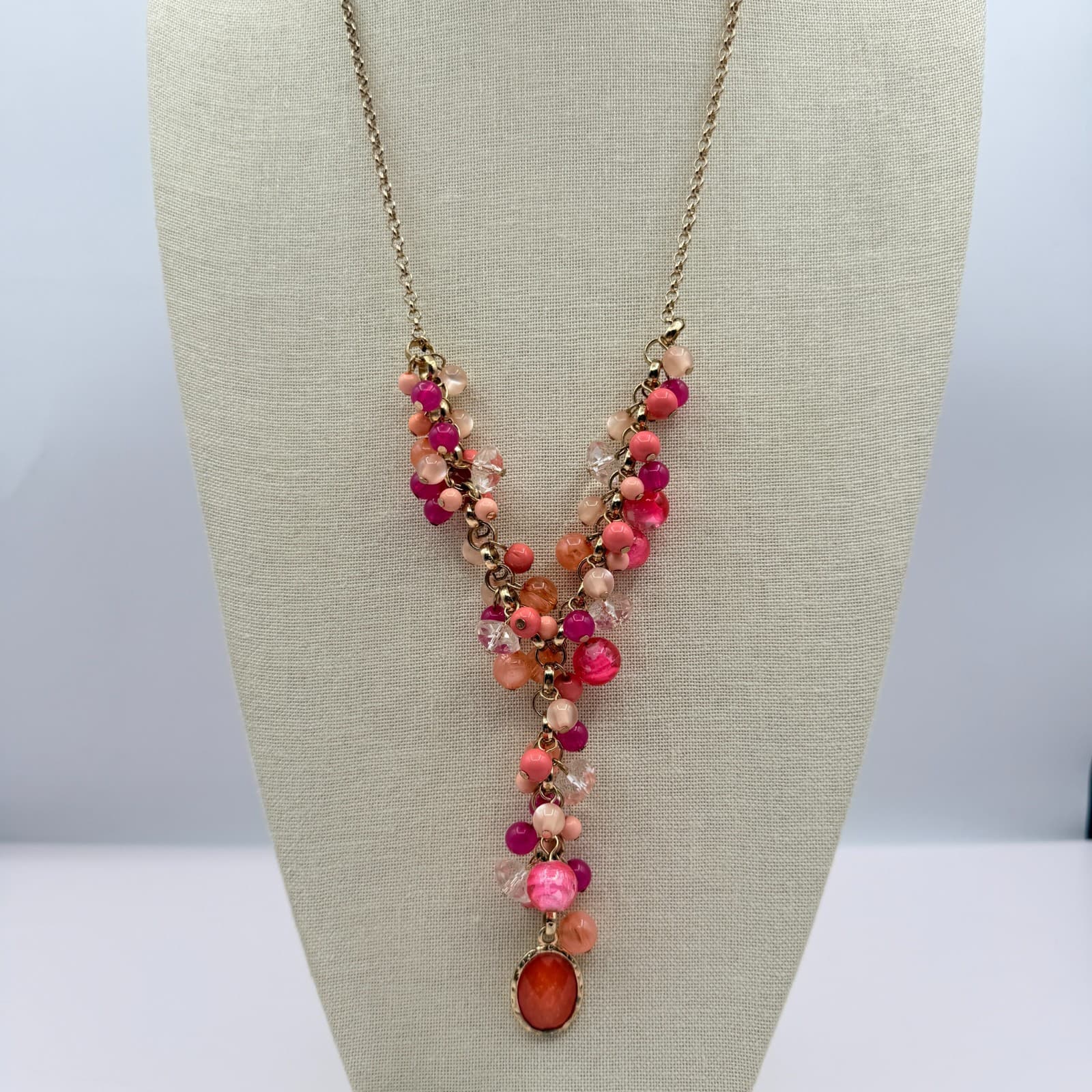 Vintage 90s Gold Tone Beaded Statement Y Necklace Women's Classic Jewelry - Image 1