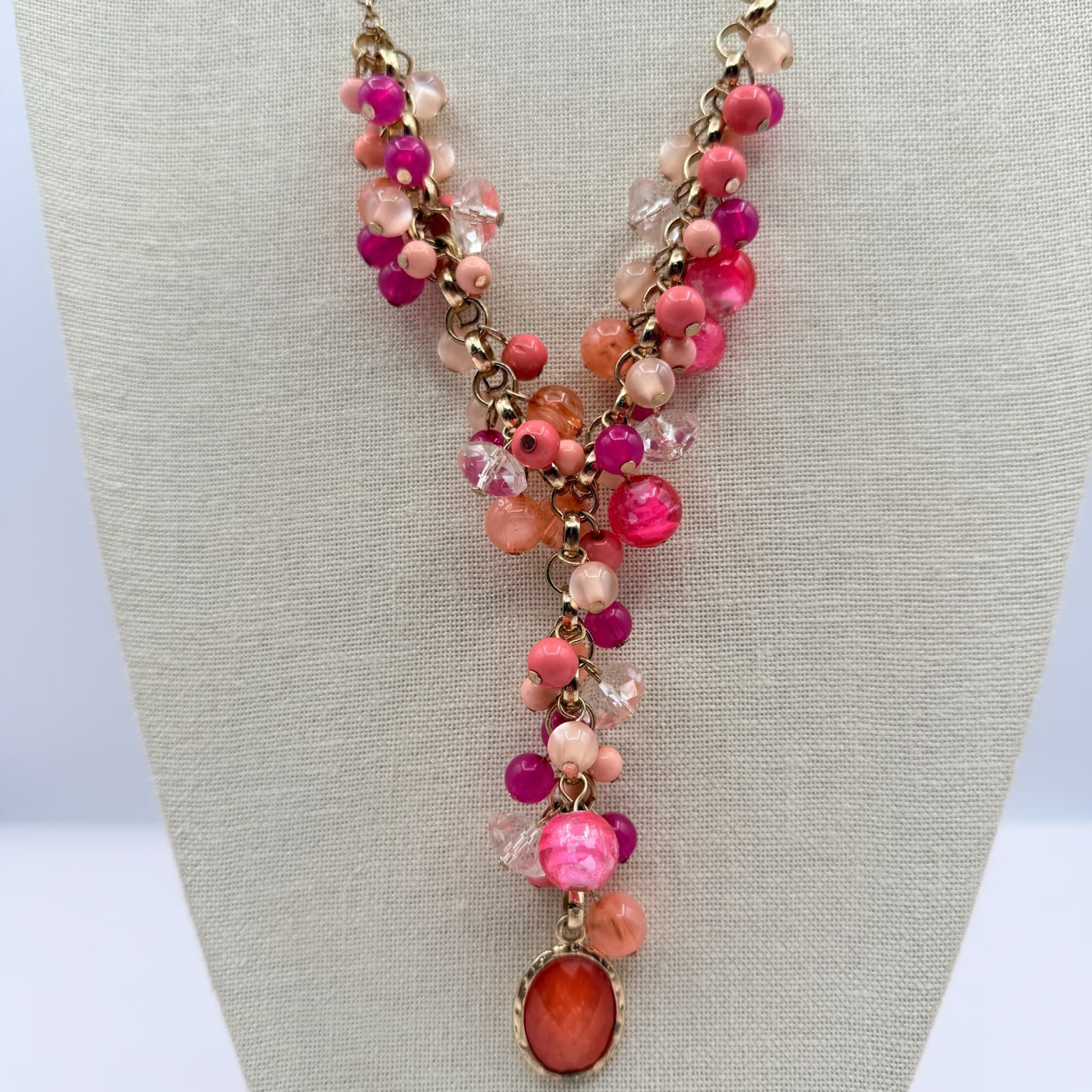 Vintage 90s Gold Tone Beaded Statement Y Necklace Women's Classic Jewelry - Thumbnail 2