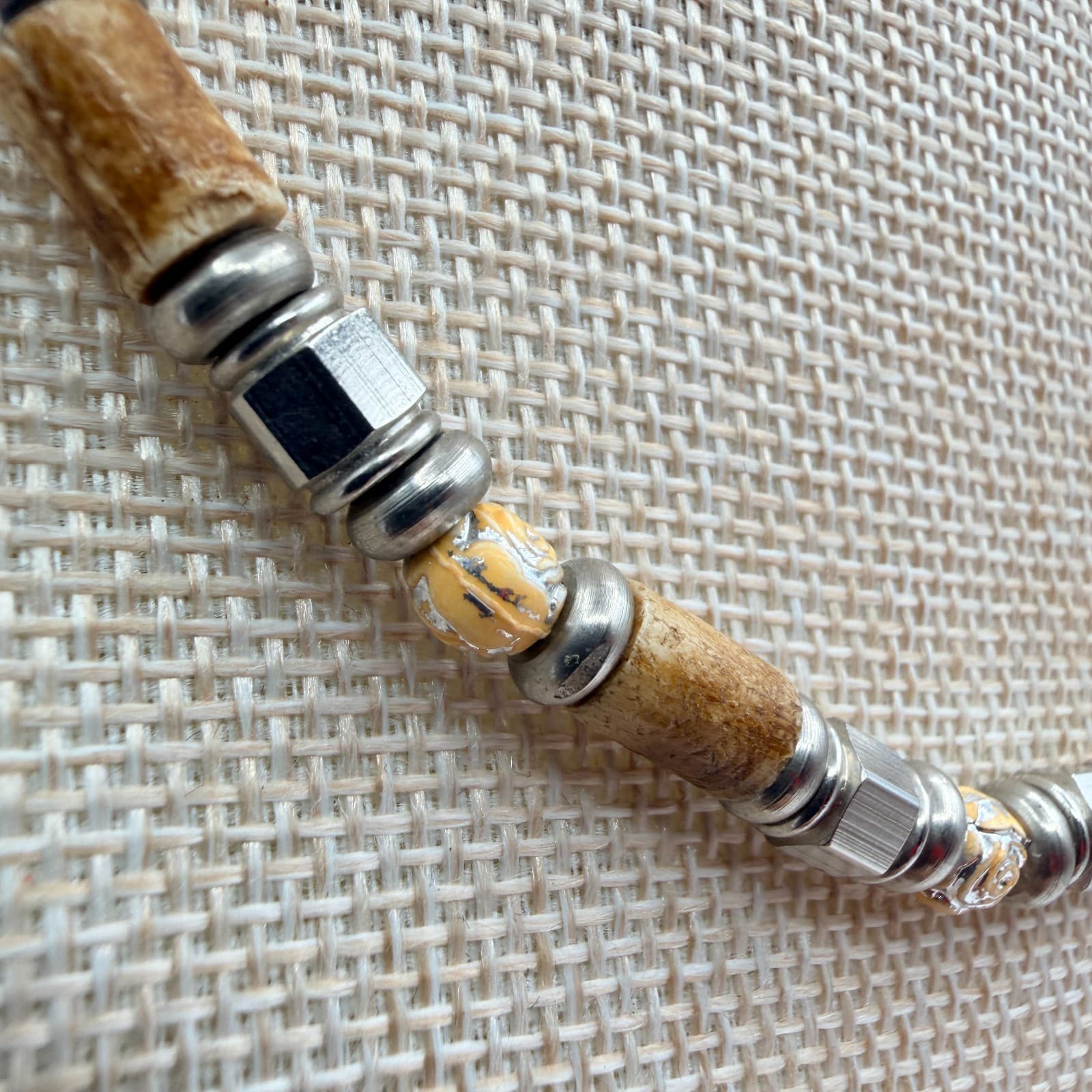 Vintage 90s Silver Tone Beaded Necklace Brown Wood Glass Boho Earthy Jewelry - Thumbnail 5