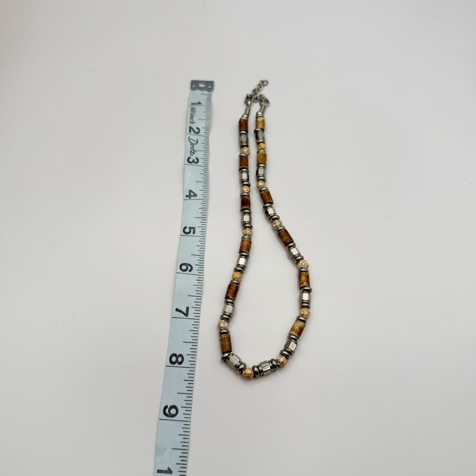 Vintage 90s Silver Tone Beaded Necklace Brown Wood Glass Boho Earthy Jewelry - Thumbnail 11