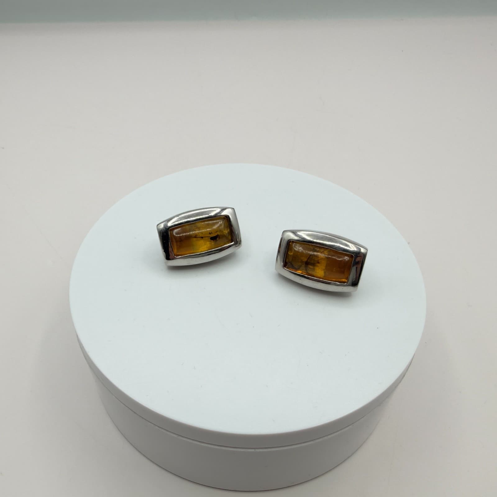 Vintage 80s Silver Tone Modernist Baltic Amber Stud Earrings Rectangular jewelry - Thumbnail 2