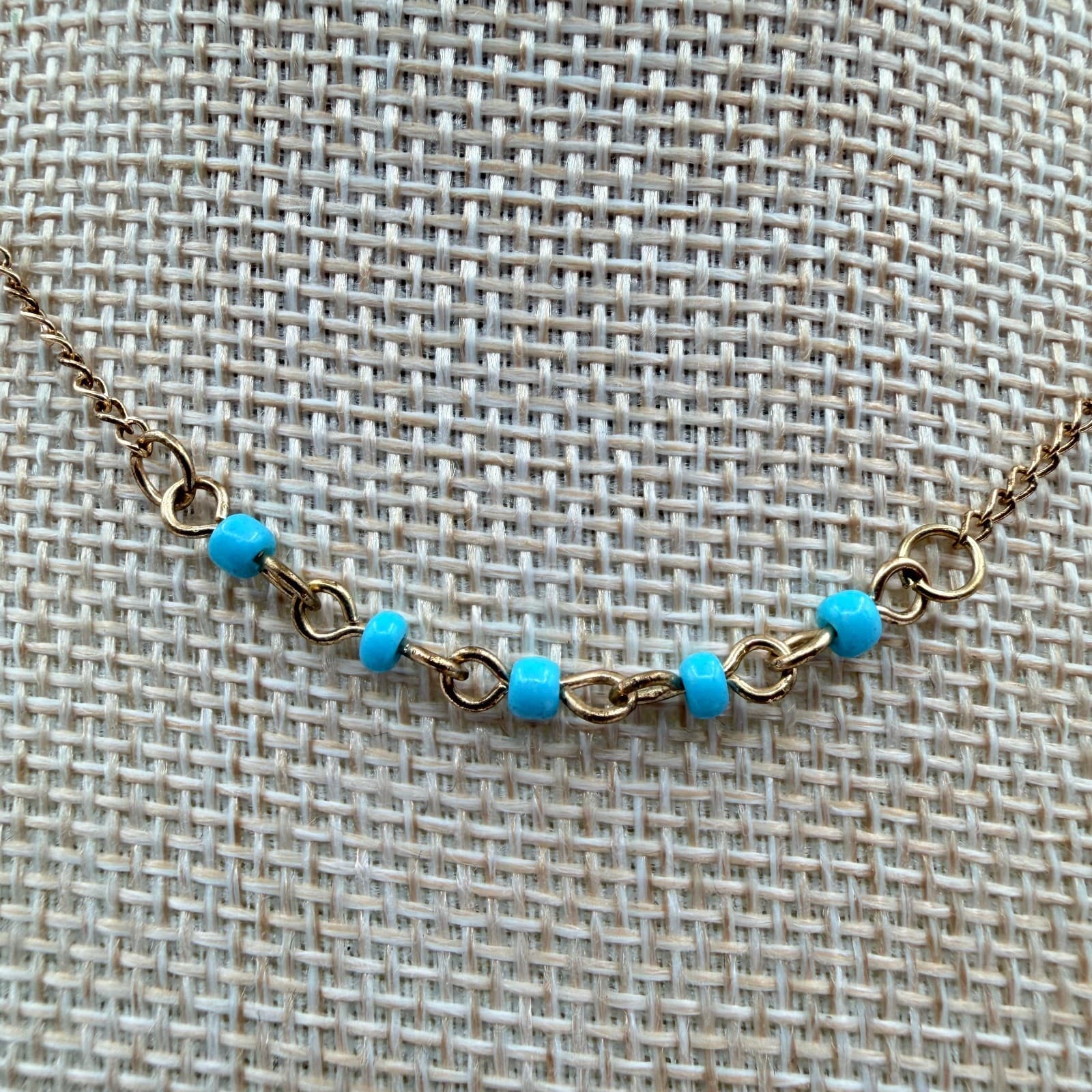 Vintage 90s Gold Tone Necklace Turquoise Blue Glass Bead Minimalist Boho Jewelry - Thumbnail 2