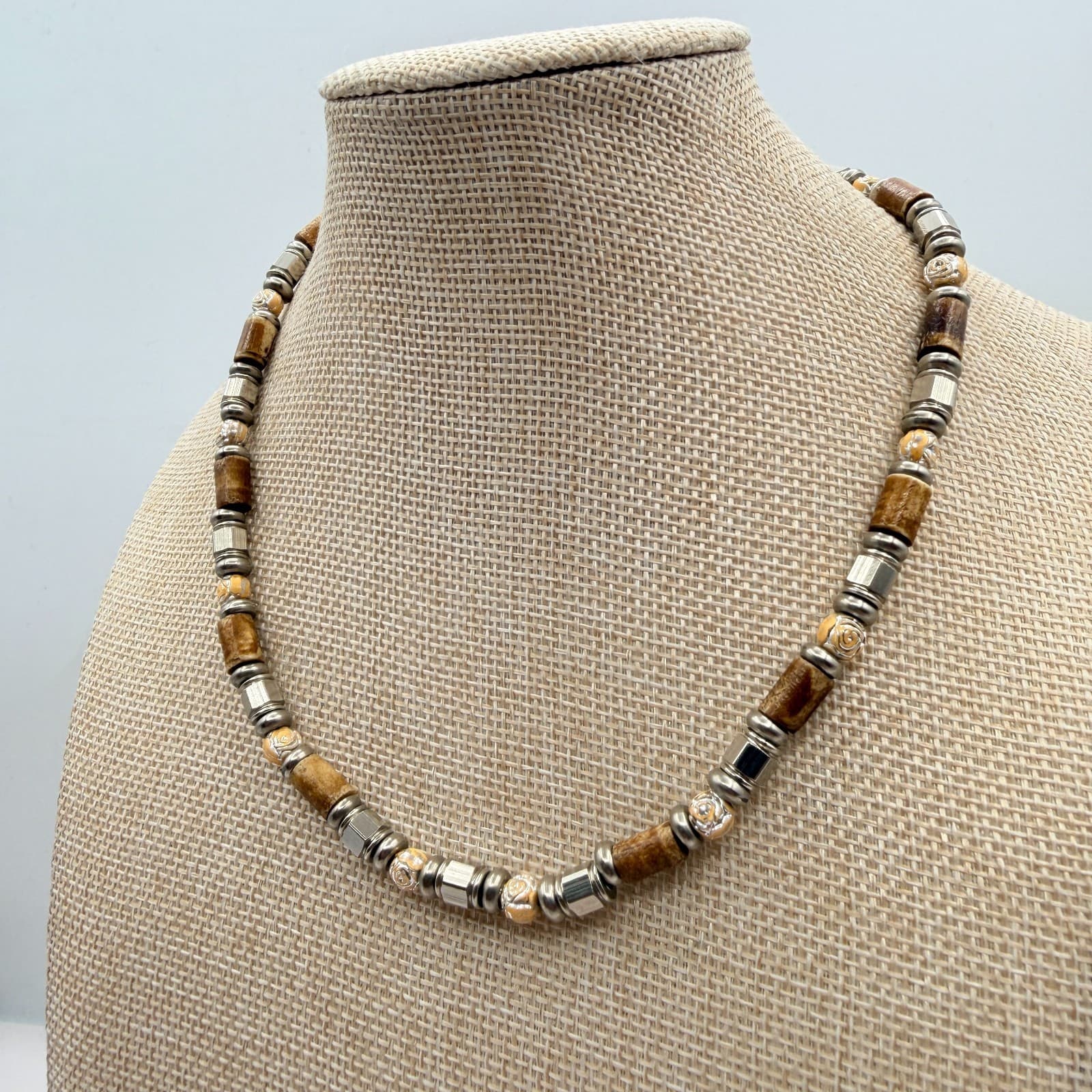 Vintage 90s Silver Tone Beaded Necklace Brown Wood Glass Boho Earthy Jewelry - Thumbnail 7