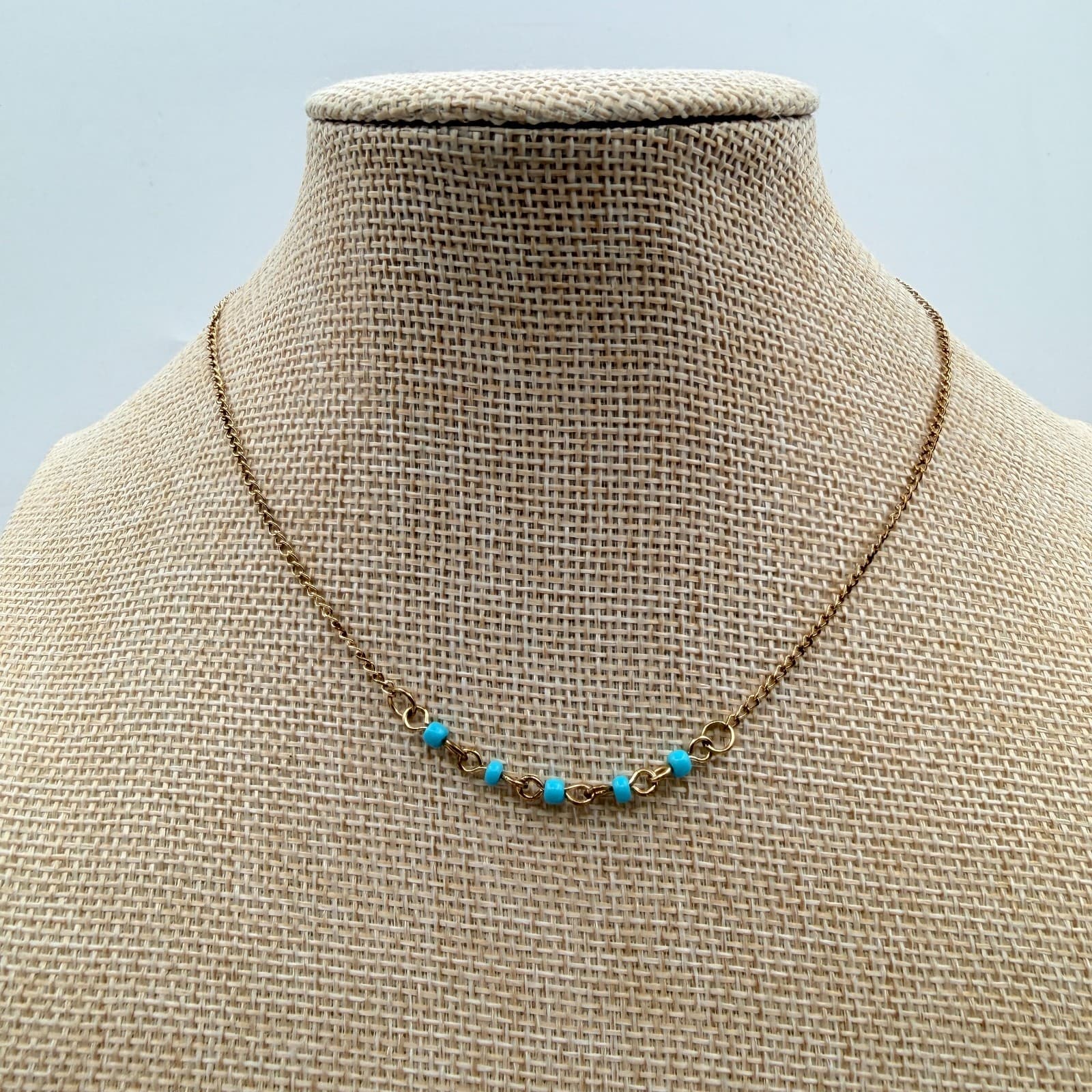Vintage 90s Gold Tone Necklace Turquoise Blue Glass Bead Minimalist Boho Jewelry - Thumbnail 6