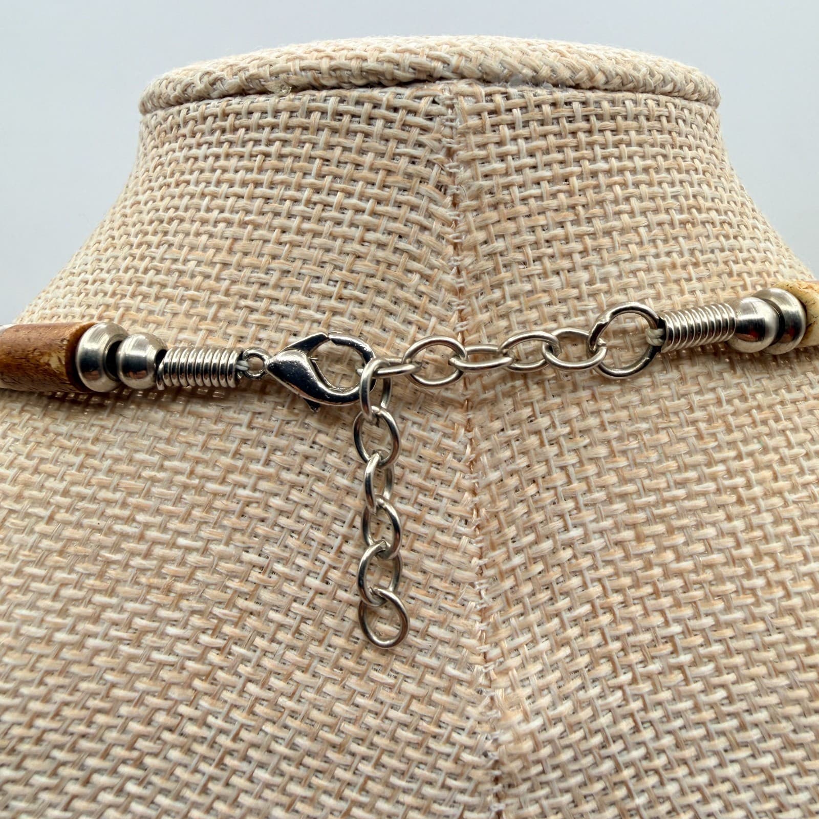 Vintage 90s Silver Tone Beaded Necklace Brown Wood Glass Boho Earthy Jewelry - Thumbnail 9