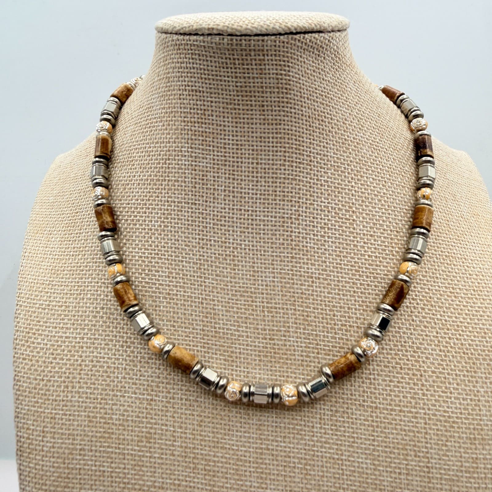 Vintage 90s Silver Tone Beaded Necklace Brown Wood Glass Boho Earthy Jewelry - Thumbnail 8