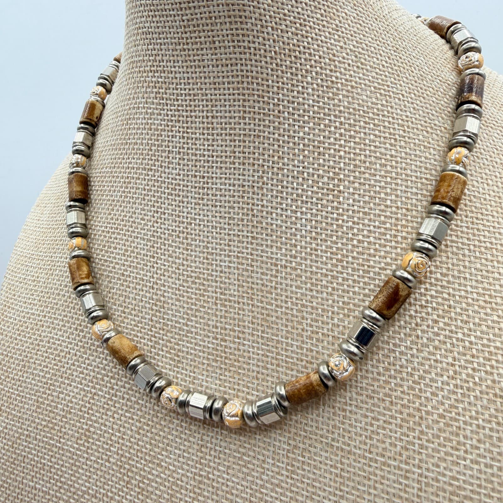 Vintage 90s Silver Tone Beaded Necklace Brown Wood Glass Boho Earthy Jewelry - Thumbnail 6