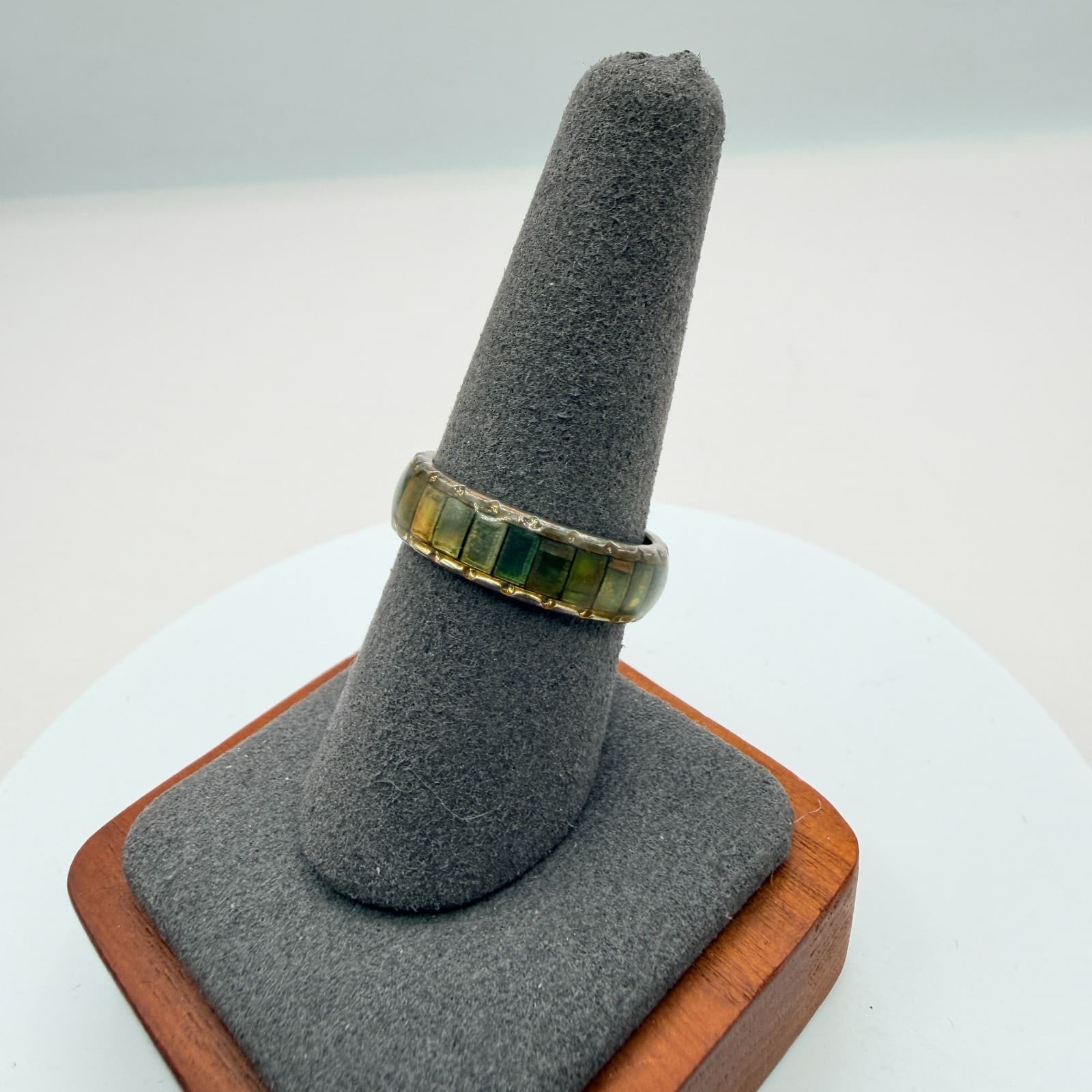 Vintage Y2K Gold Tone Green Turquoise Mosaic Inlay Ring Band Women Retro Jewelry - Thumbnail 6