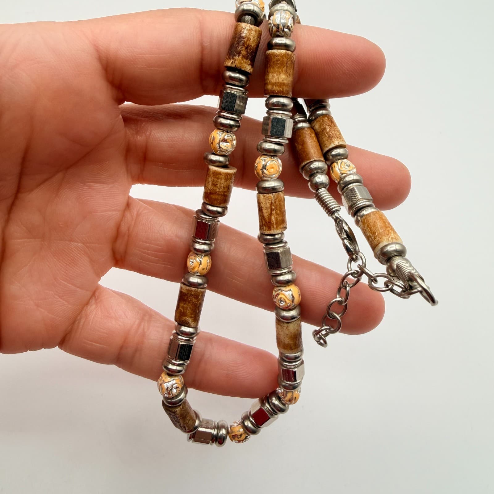 Vintage 90s Silver Tone Beaded Necklace Brown Wood Glass Boho Earthy Jewelry - Thumbnail 10