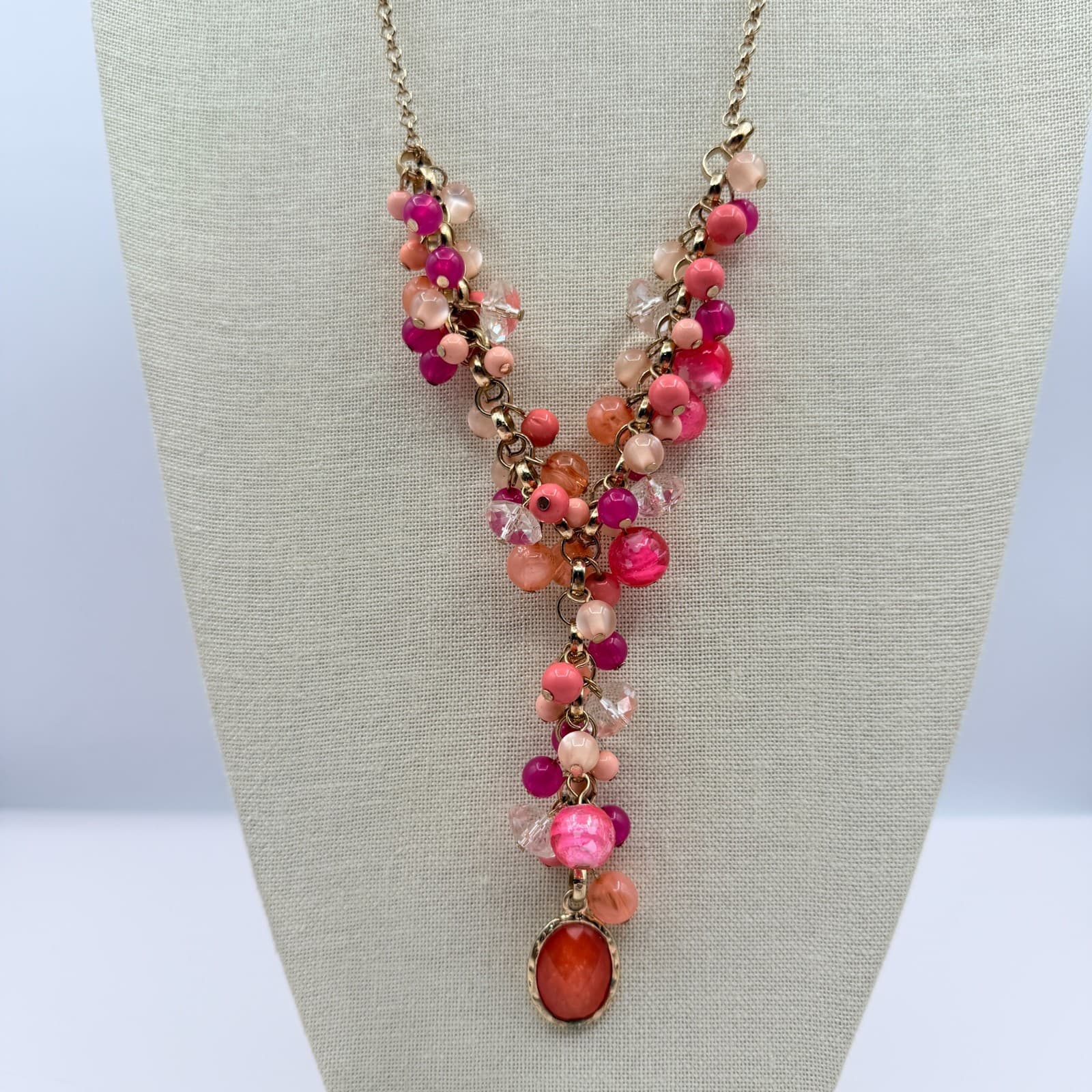 Vintage 90s Gold Tone Beaded Statement Y Necklace Women's Classic Jewelry - Thumbnail 3