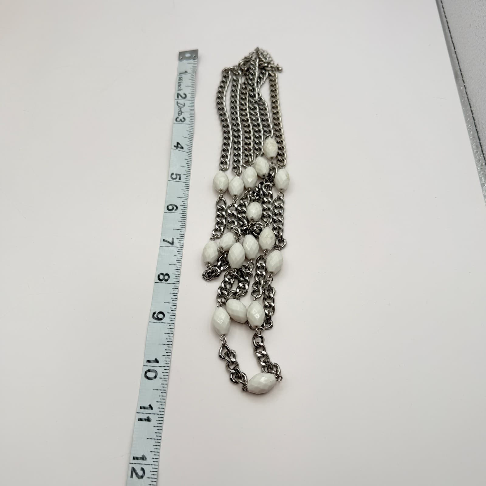 Vintage 90s Multi Strand Silver Tone Chunky Chain White Beaded Necklace Jewelry - Thumbnail 11