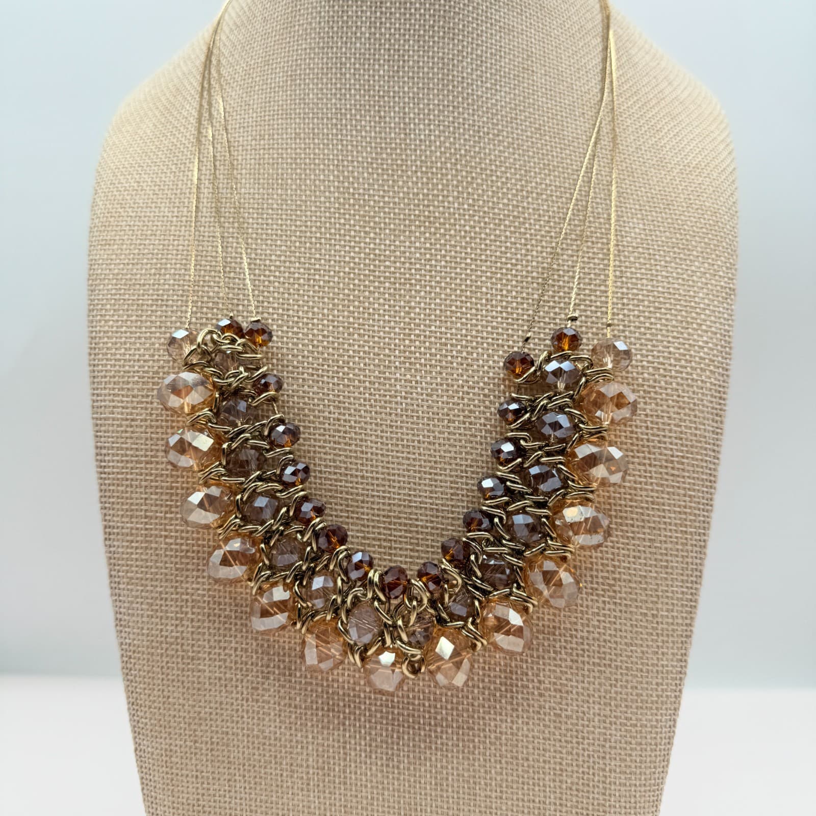 Vintage 90s Gold Tone Multi Strand Beaded Statement Bib Necklace Women's Jewelry - Thumbnail 2