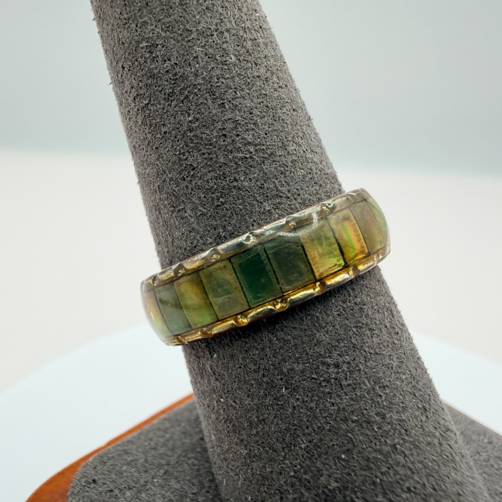 Vintage Y2K Gold Tone Green Turquoise Mosaic Inlay Ring Band Women Retro Jewelry - Thumbnail 4