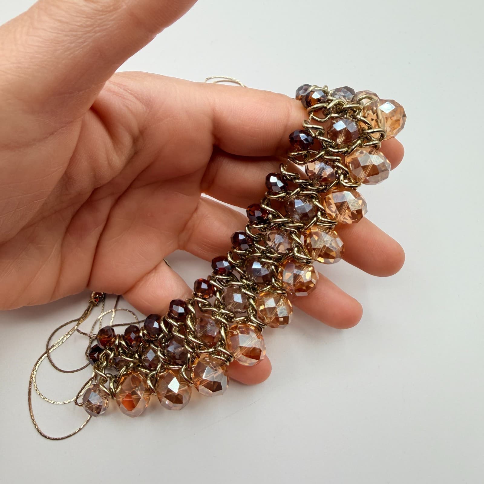 Vintage 90s Gold Tone Multi Strand Beaded Statement Bib Necklace Women's Jewelry - Thumbnail 9