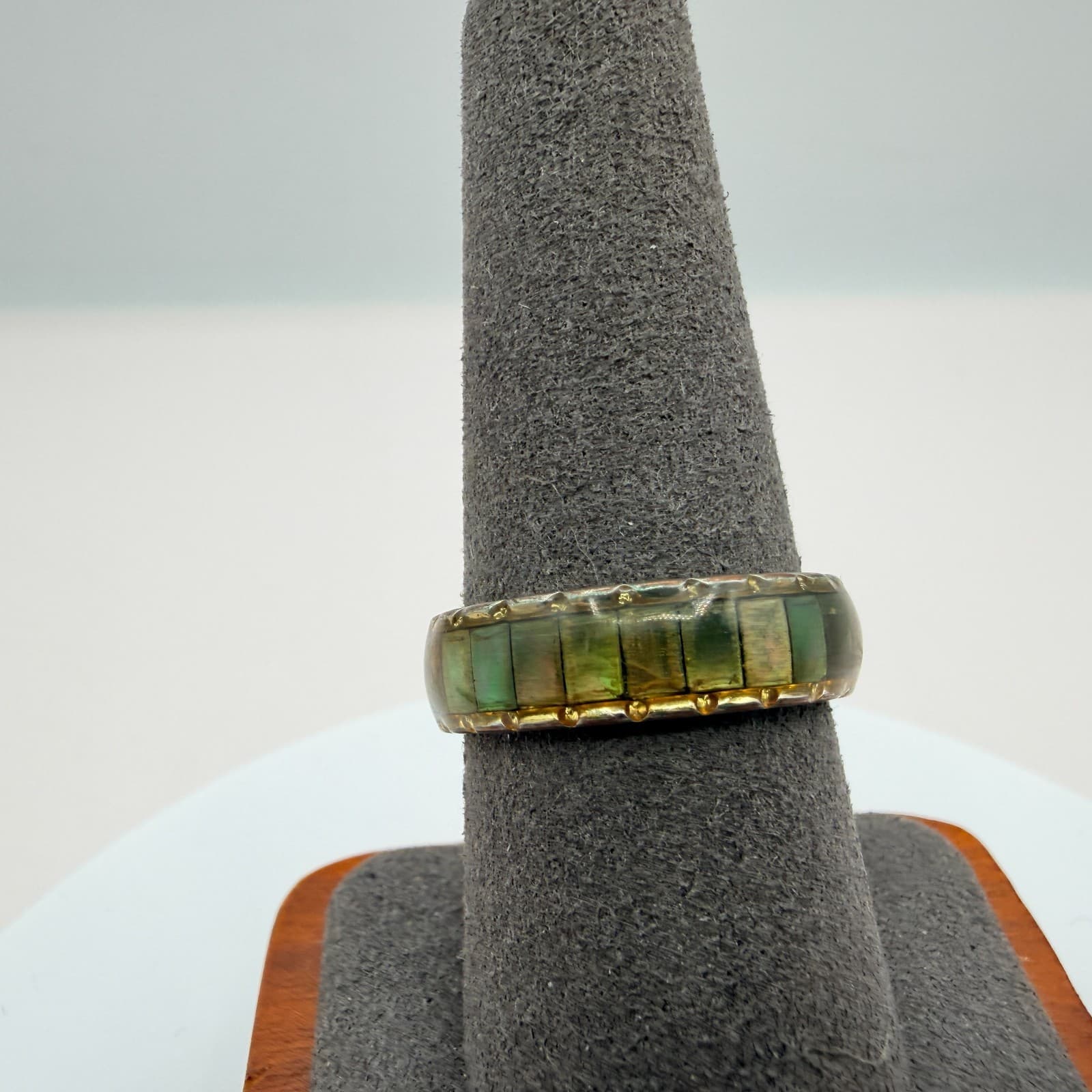 Vintage Y2K Gold Tone Green Turquoise Mosaic Inlay Ring Band Women Retro Jewelry - Thumbnail 2