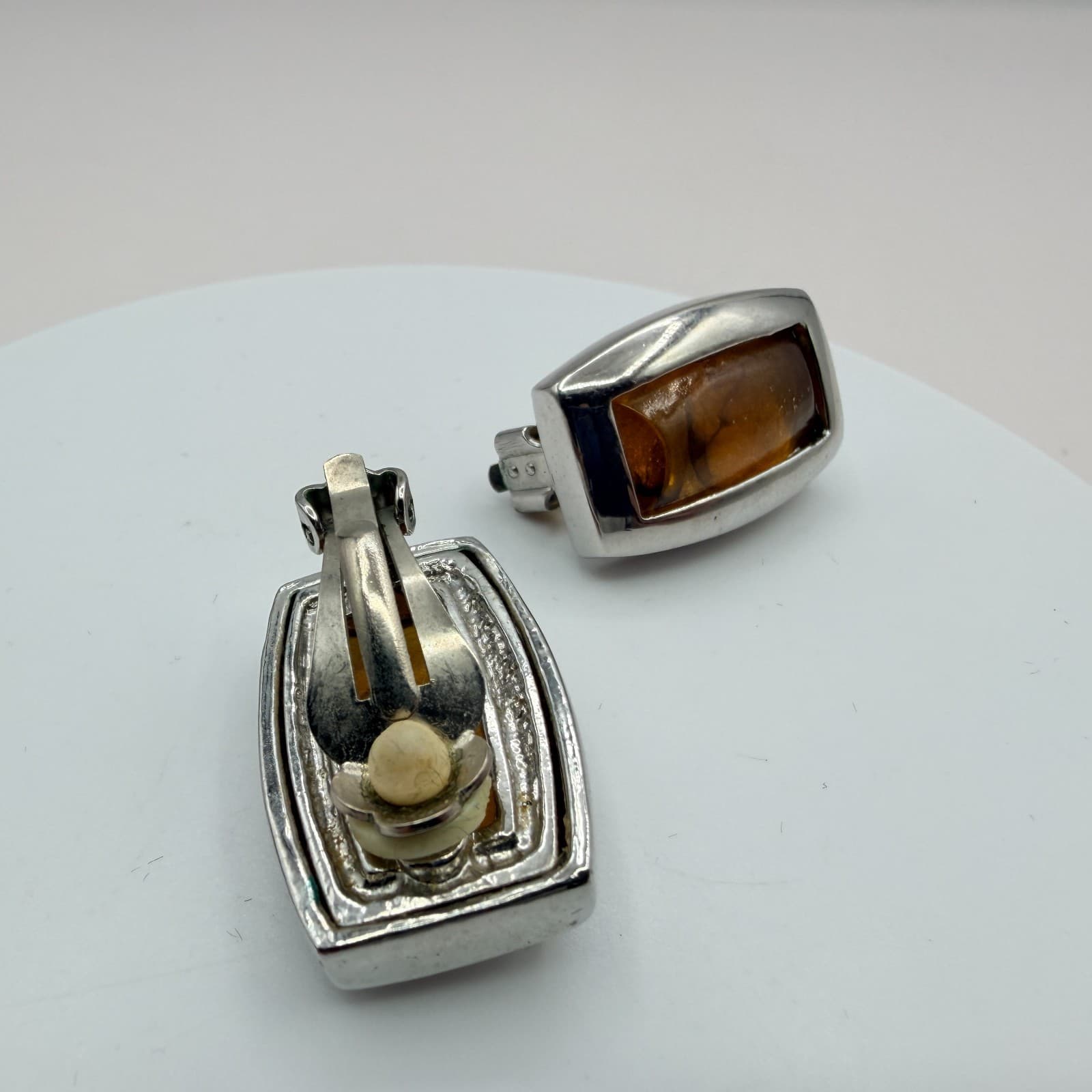 Vintage 80s Silver Tone Modernist Baltic Amber Stud Earrings Rectangular jewelry - Thumbnail 5