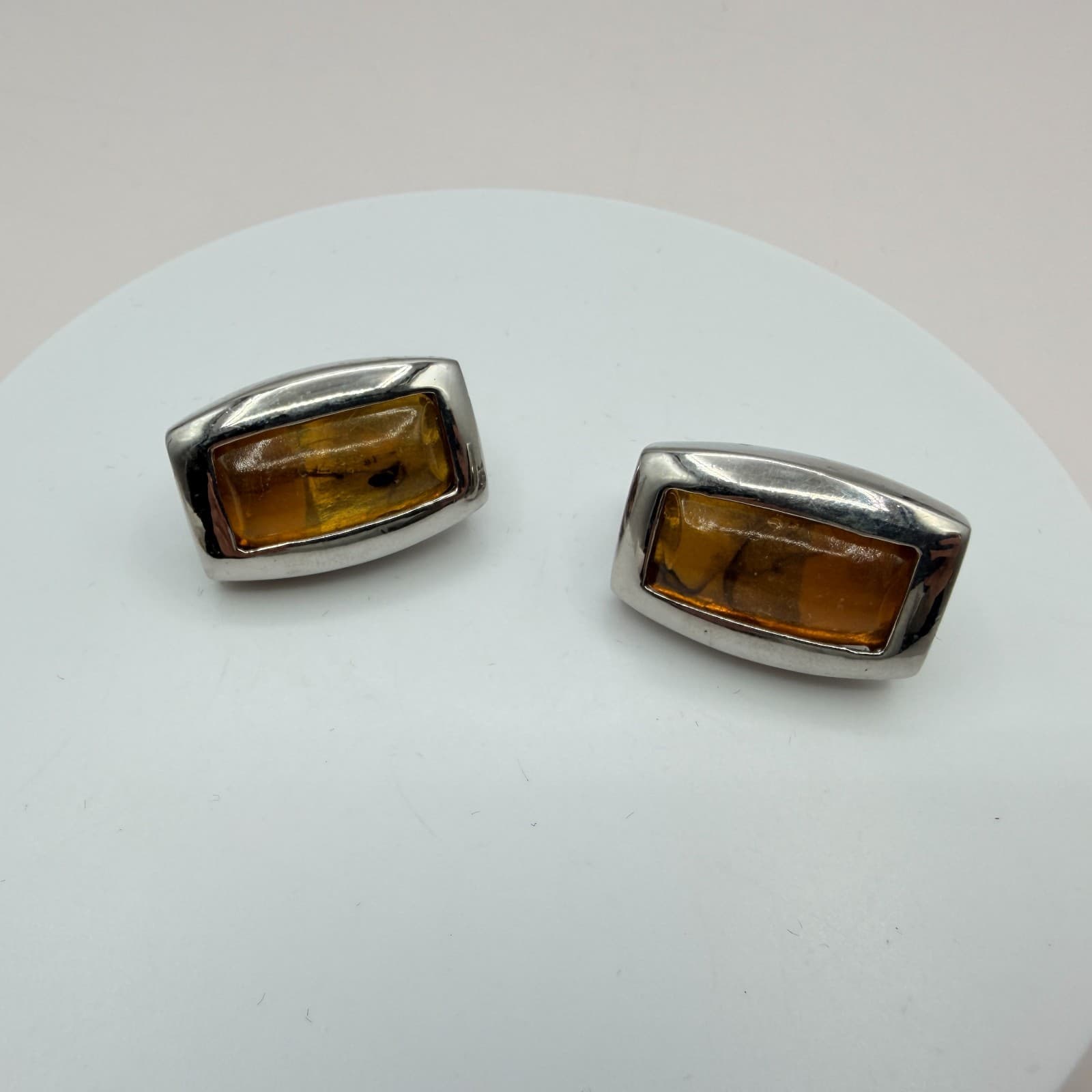Vintage 80s Silver Tone Modernist Baltic Amber Stud Earrings Rectangular jewelry - Thumbnail 3