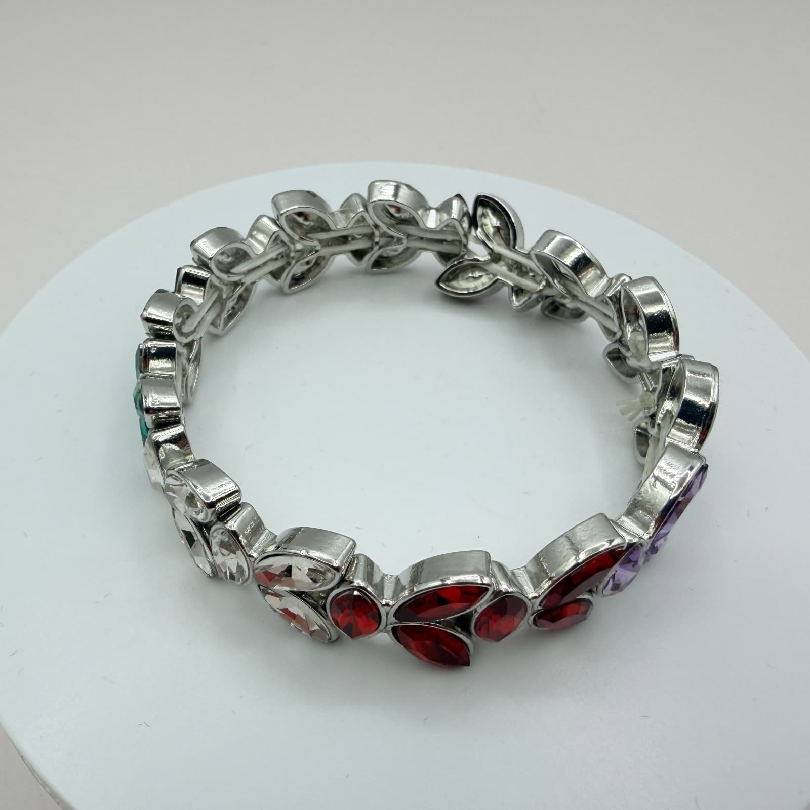 VTG 90s Silver Tone Rhinestones Stretch Bracelet Women's Classic Fashion Jewelry - Thumbnail 3