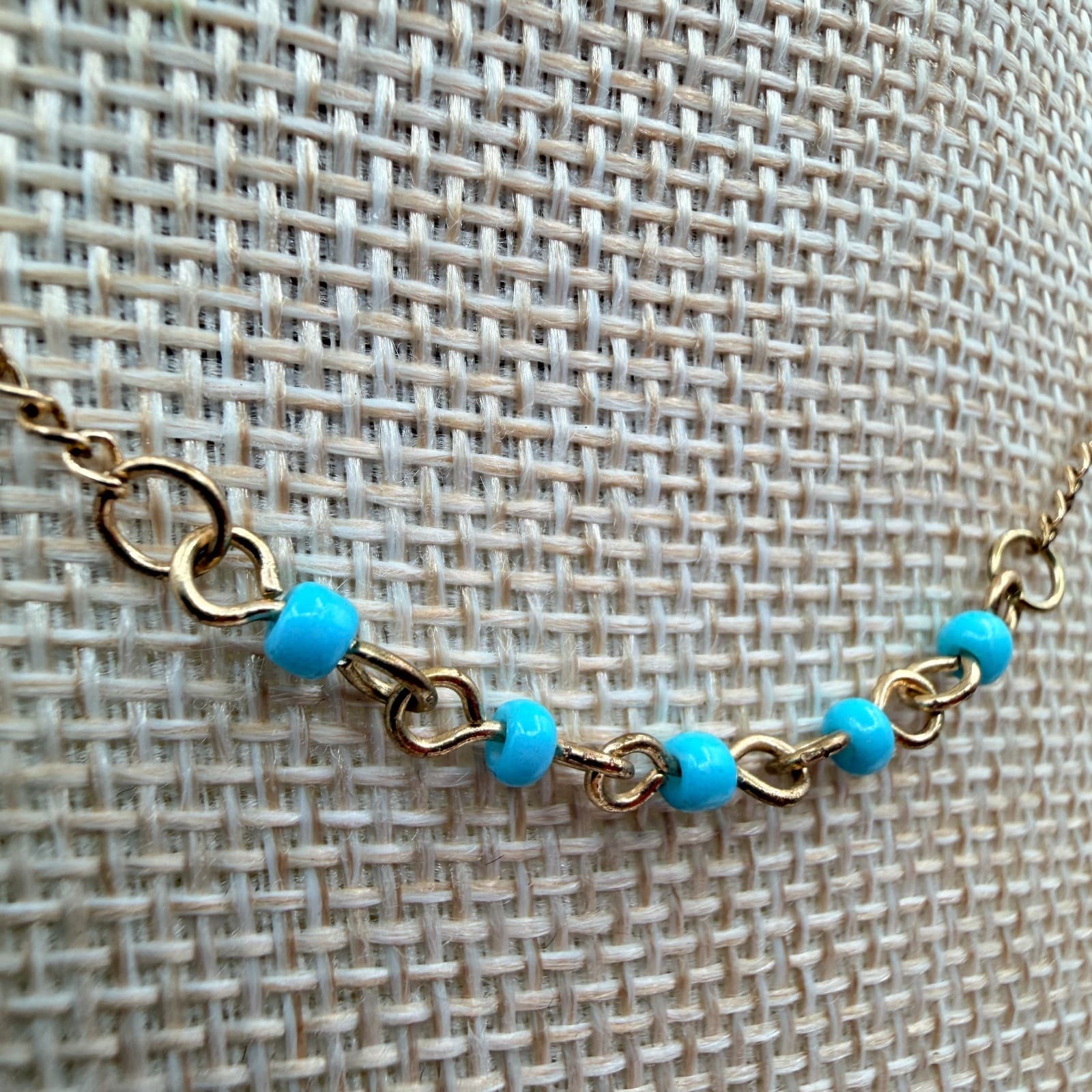 Vintage 90s Gold Tone Necklace Turquoise Blue Glass Bead Minimalist Boho Jewelry - Thumbnail 3